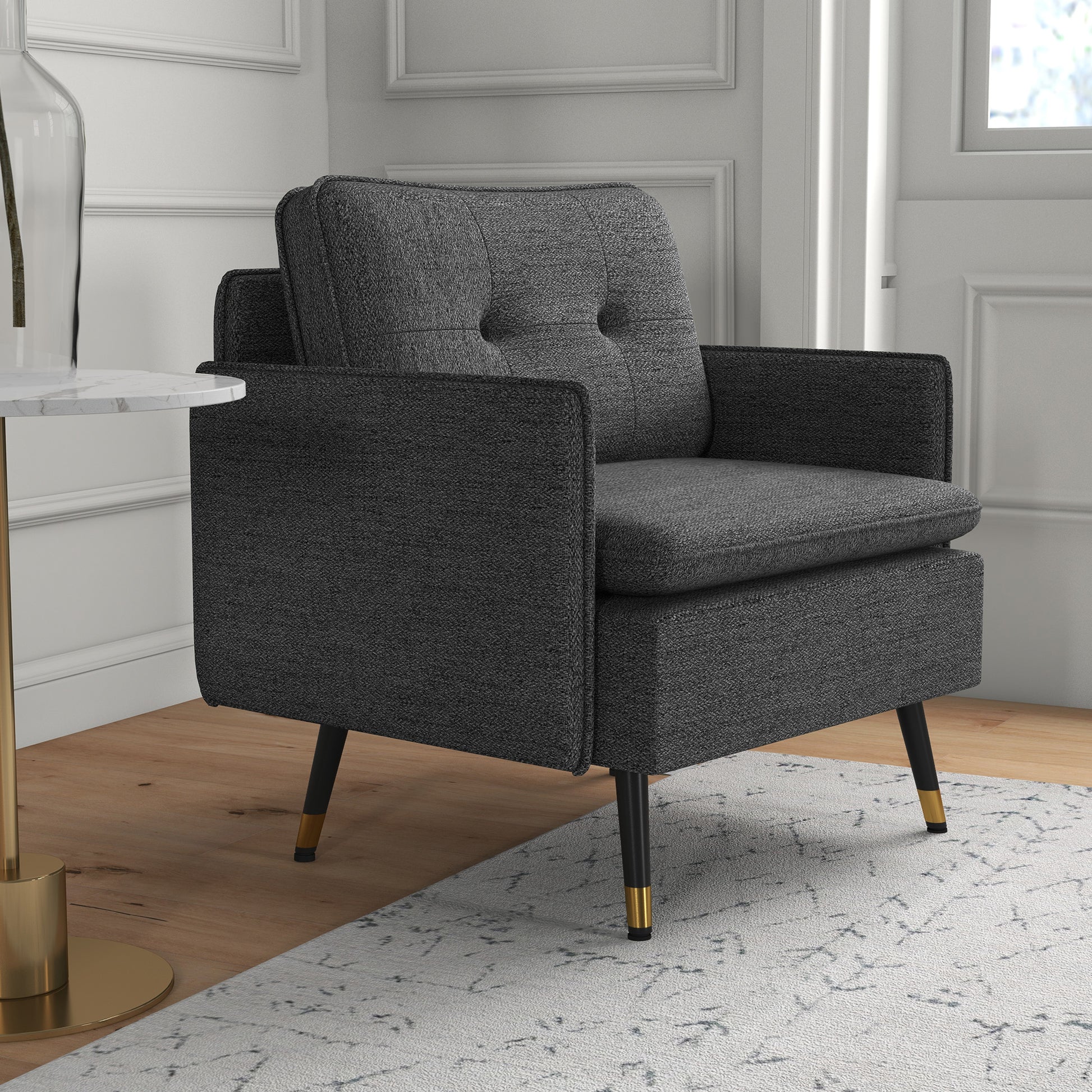 Modern Armchair, Upholstered Accent Chair with Tufted Back Cushion and Steel Legs for Living Room, Bedroom, Dark Grey Accent Chairs   at Gallery Canada