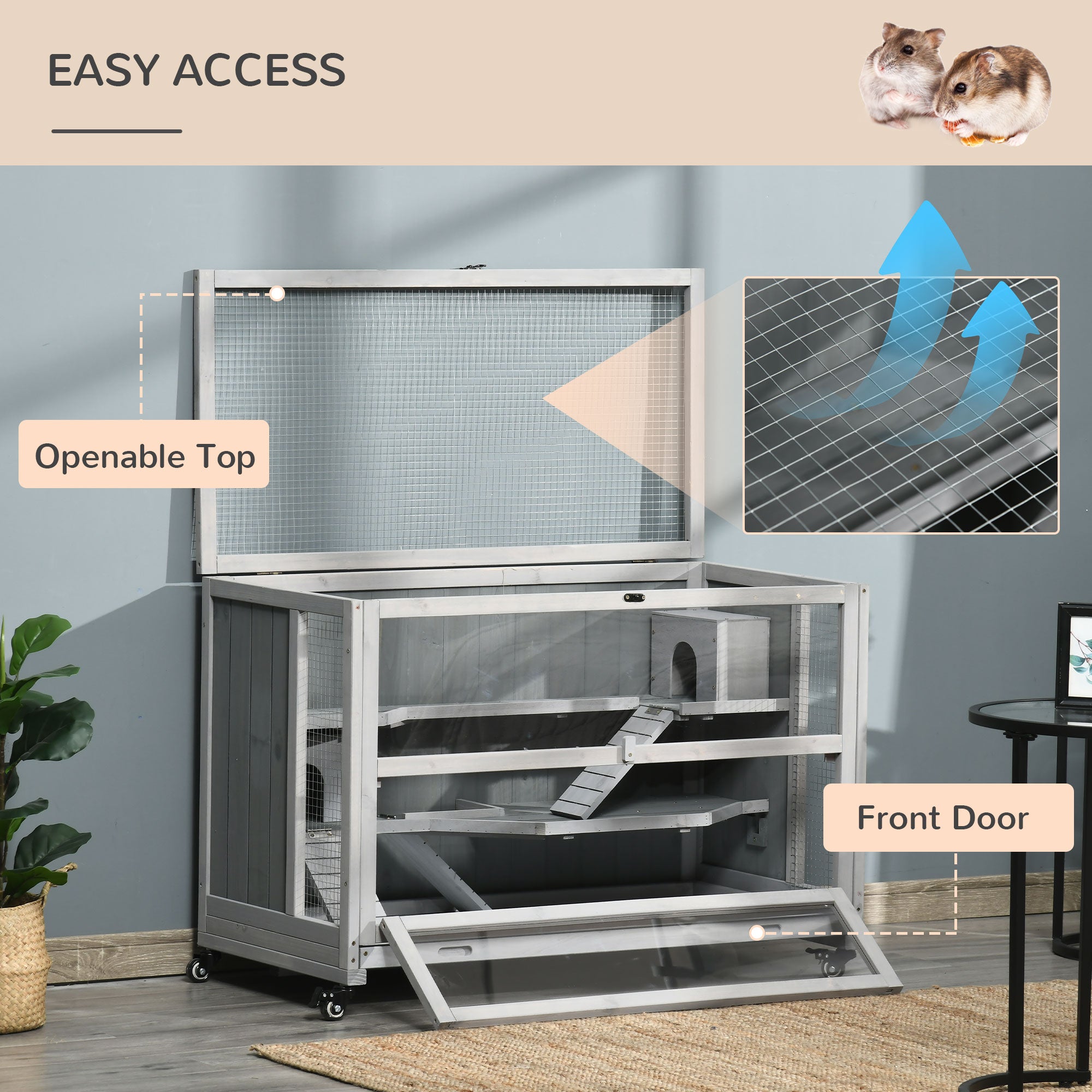 3 Tier Wooden Hamster Cage with Wheels for Dwarf Hamster, Light Grey Hamster Cages at Gallery Canada