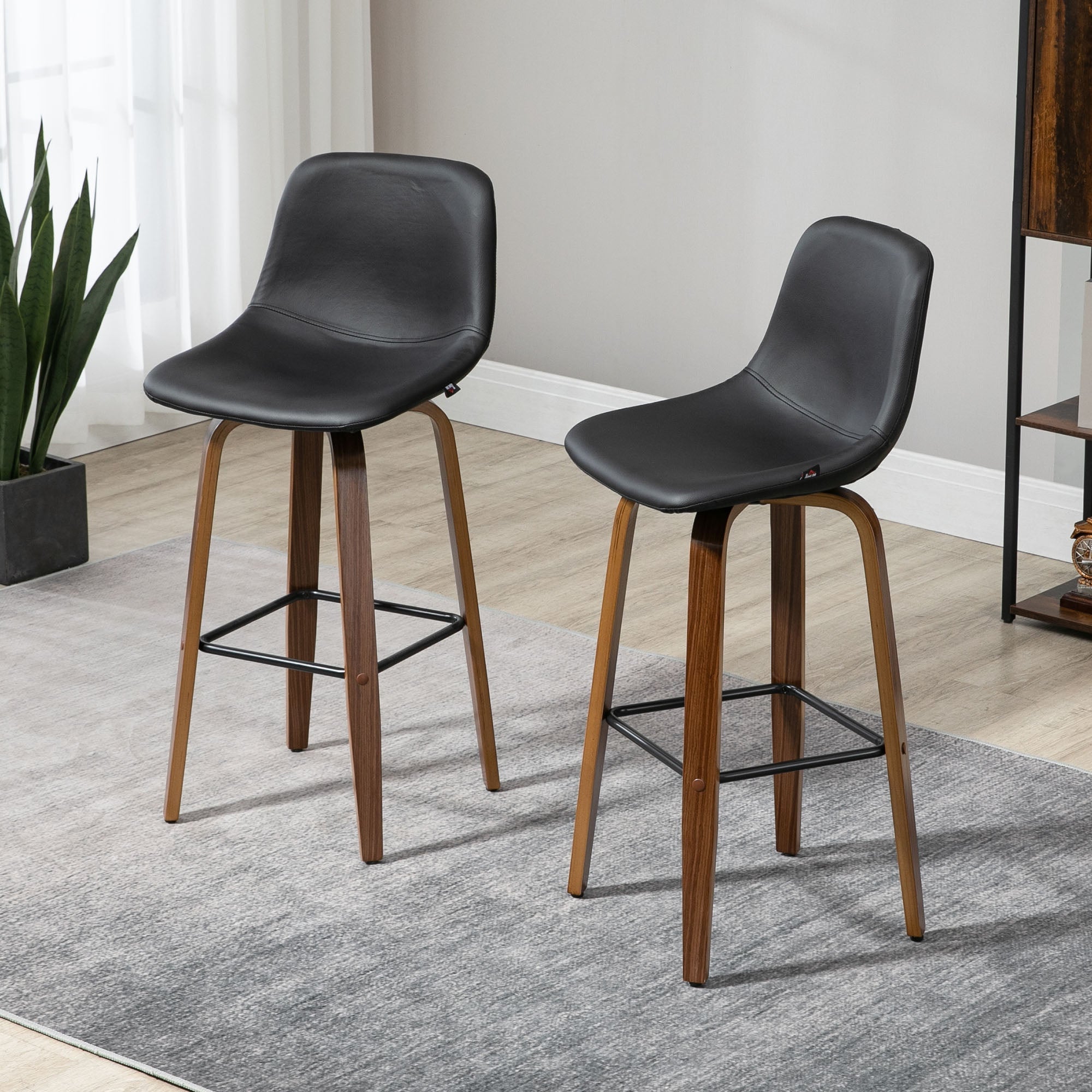 Bar Height Bar Stools Set of 2, Mid-Back Bar Chairs with PU Leather Upholstery and Solid Wood Legs for Kitchen, Black Bar Stools   at Gallery Canada