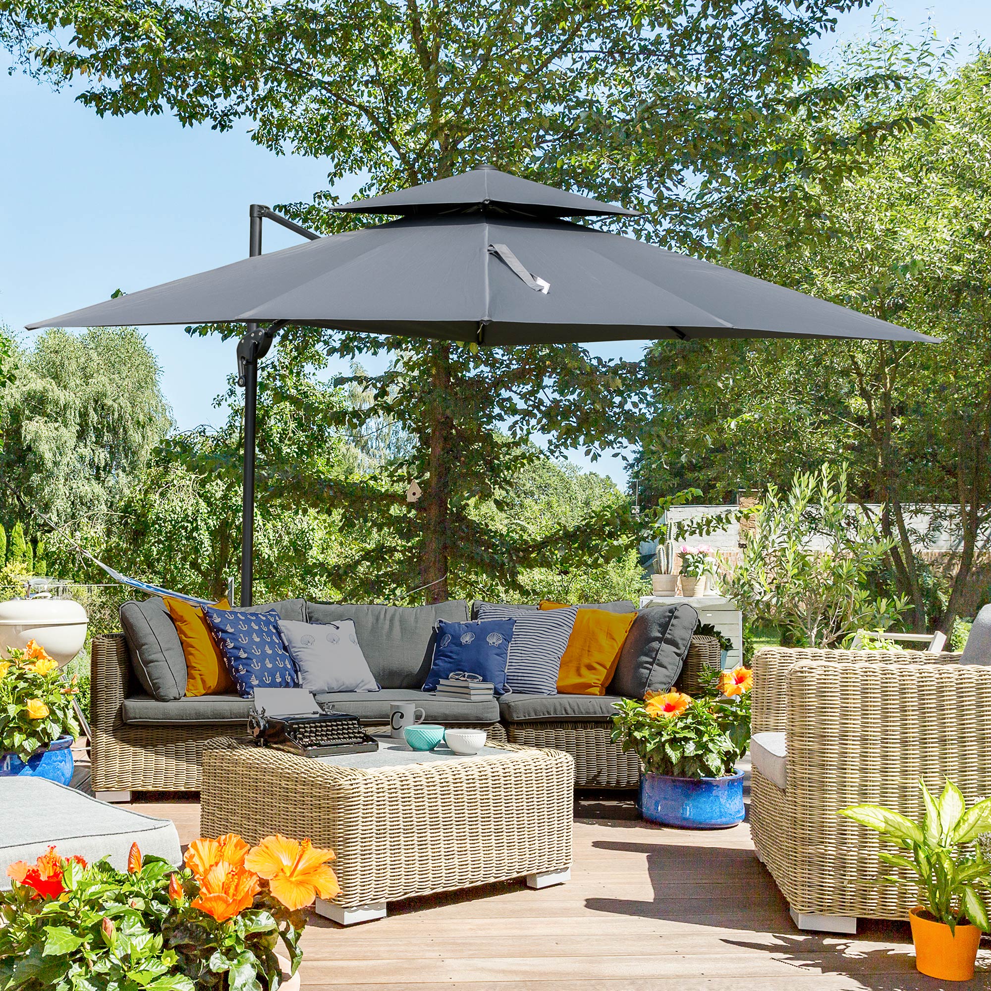10' x 10' Cantilever Patio Umbrella, Double Top Square Offset Umbrella with 360° Rotation, 5 Adjustable Tilt Angles, Umbrella Cover, Aluminum Pole and Ribs, Charcoal Grey Cantilever Umbrellas at Gallery Canada