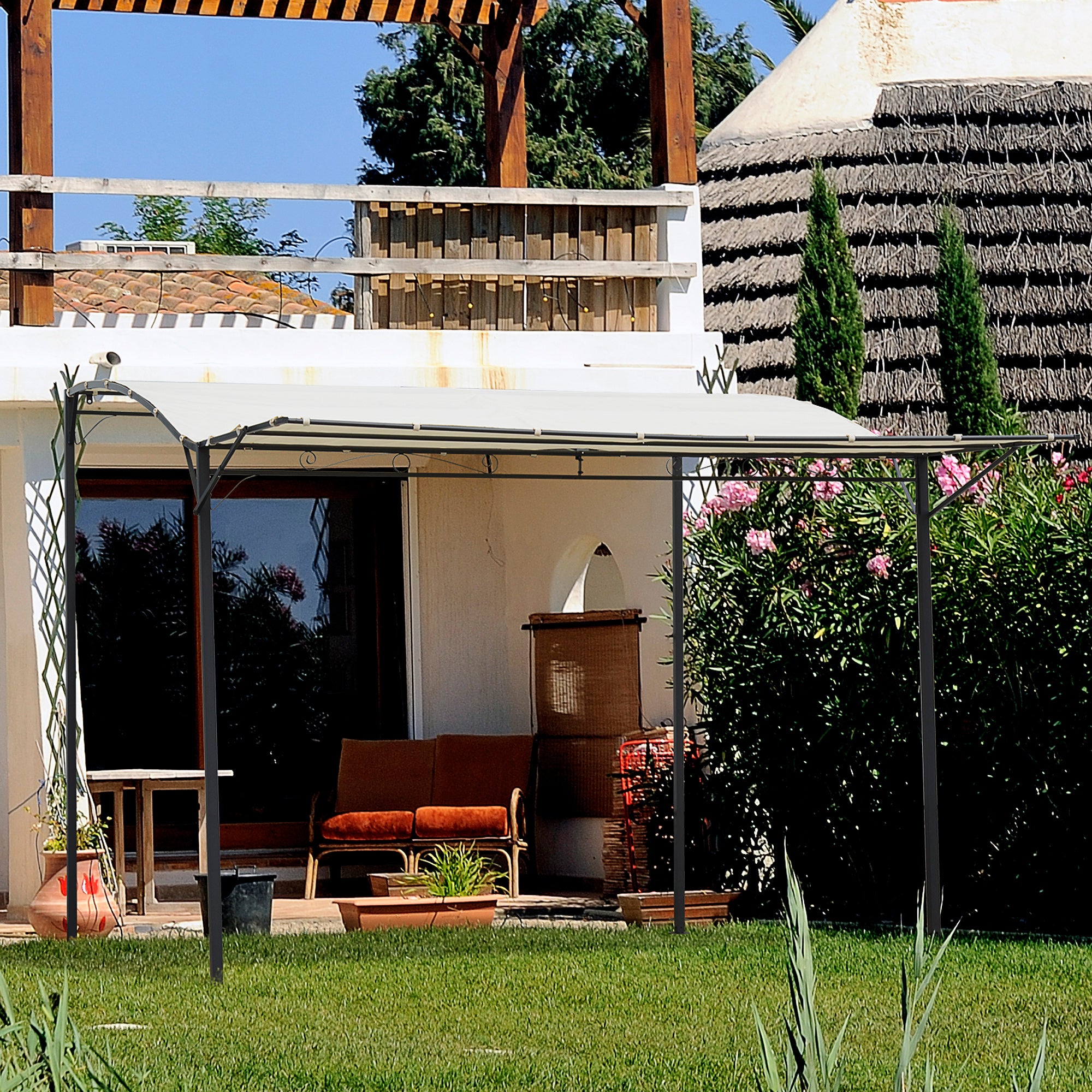 10x8ft Patio Metal Gazebo with Extendable Side Awning Outdoor Shelter Garden Sun Shade Canopy Deck Door Window Awning Cream White Pergolas at Gallery Canada