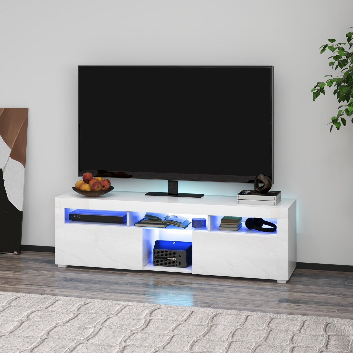 Modern TV Stand with Storage and LED Lights for TVs up to 55", TV Cabinet with Open Compartments, High Gloss White TV Stands   at Gallery Canada