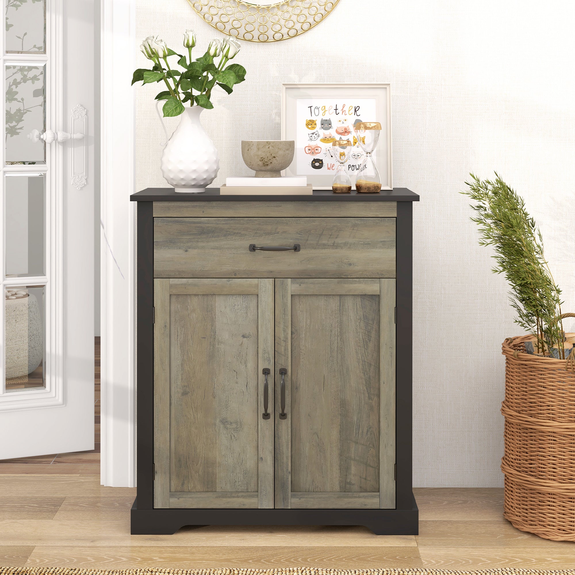 Sideboard Buffet Cabinet, Storage Cabinet with Drawer, Double Doors and Adjustable Shelf, Black Storage Cabinets   at Gallery Canada