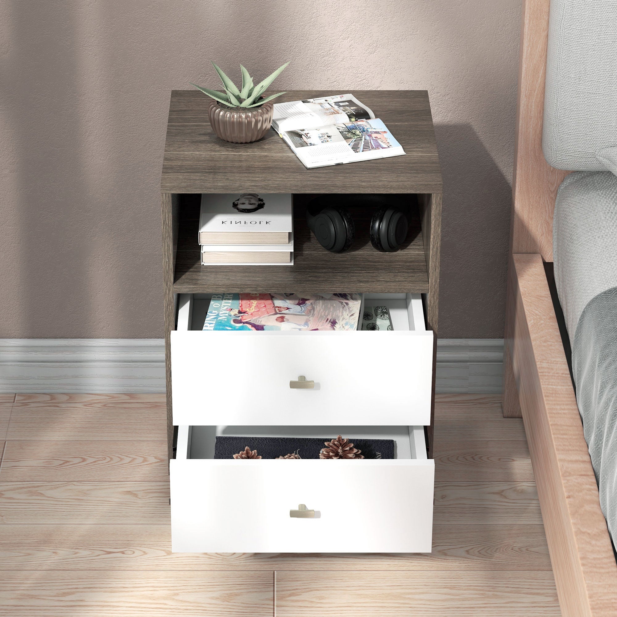 Nightstand Set of 2, Modern Bedside Table, Night Stand for Living Room with 3 Drawers and Open Storage, Grey Bedside Tables at Gallery Canada