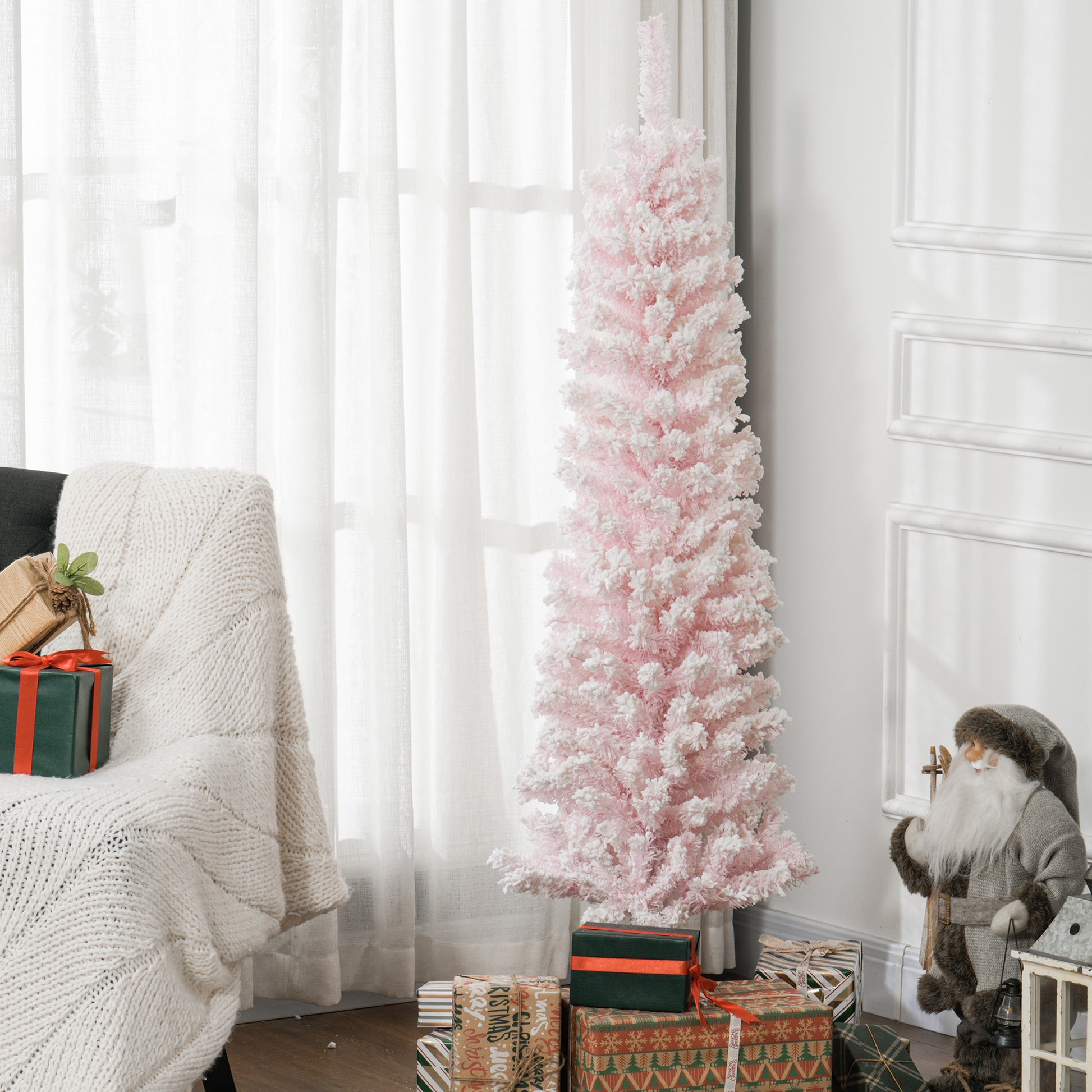 5ft Flocked Christmas Tree, Pencil Christmas Tree with Realistic Branch Tips, Folding Metal Stand, Pink Pencil Christmas Trees Pink  at Gallery Canada