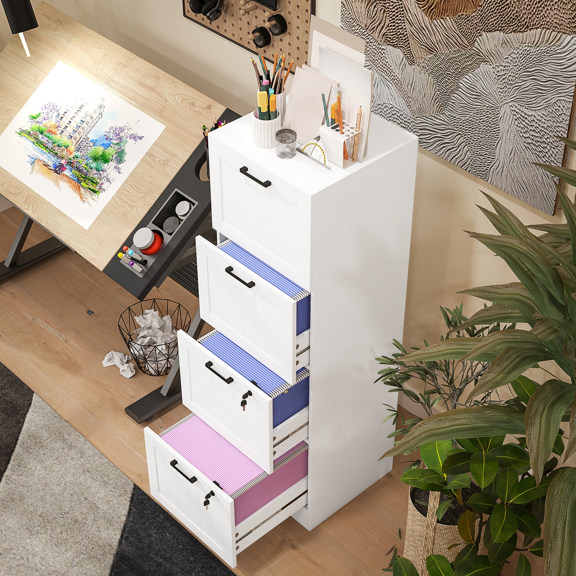 4 Drawer Filing Cabinet with Lock, Office Storage Cabinet with Adjustable Hanging Bars for A4 Letter Size Files, White Office Cabinets & Cupboards at Gallery Canada