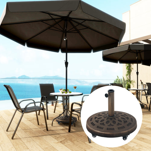 Round Patio Umbrella Base with Wheels, 46lbs Resin Umbrella Stand Base, Heavy Duty Patio Umbrella Holder for 1.3