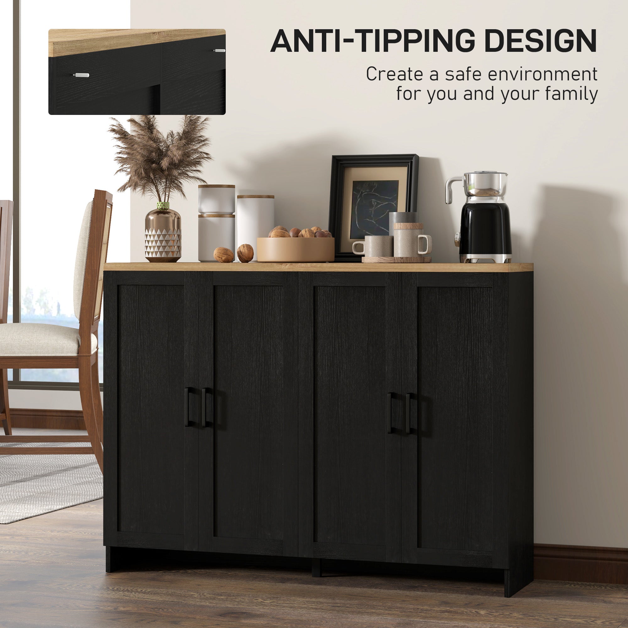 Modern Sideboard Buffet Cabinet, Modern Kitchen Storage Cabinet with 4 Doors Adjustable Shelves, for Dining Room, Black Storage Cabinets at Gallery Canada