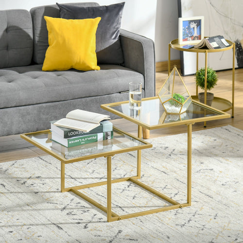 Contemporary Coffee Tables with Double Tempered Glass Tabletops, Golden Side Table with Metal Base Adjustable Foot for Living Room, Bedroom