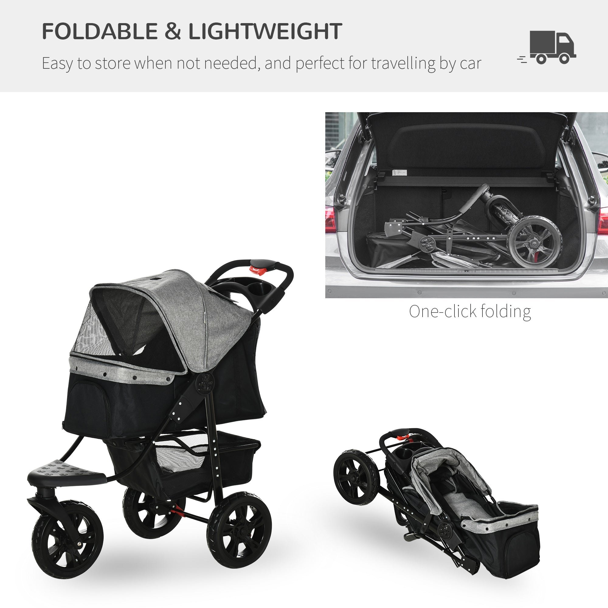 3 Wheel Folding Dog Stroller, Jogger Travel Carrier with Adjustable Canopy, Storage Brake, Mesh Window for S&;M Dogs Grey Dog Bike Trailers & Strollers   at Gallery Canada