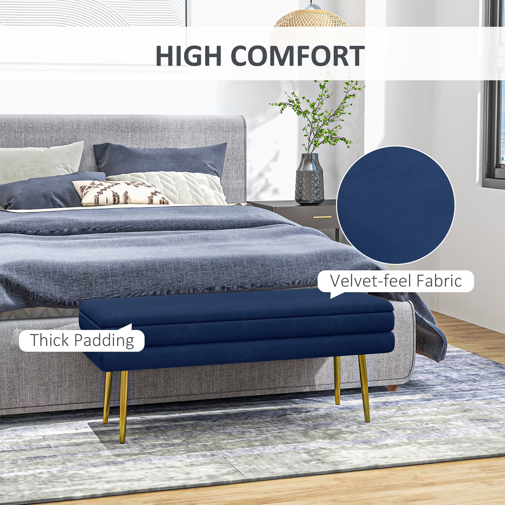 End of Bed Bench, Velvet-feel Upholstered Bench with Thick Padded Seat and Steel Legs, Modern Bedroom Bench, Dark Blue Storage Ottomans & Benches at Gallery Canada