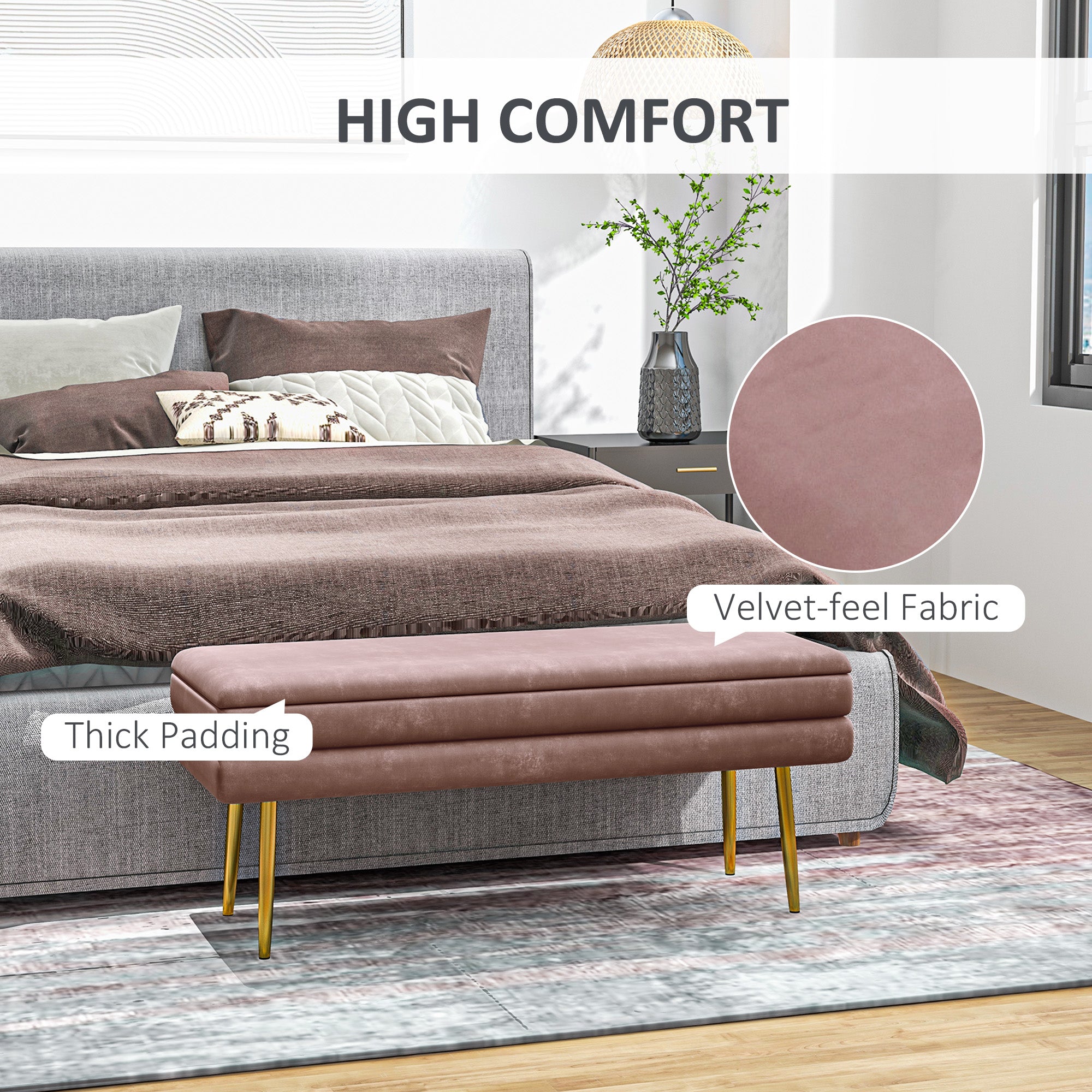 End of Bed Bench, Velvet-feel Upholstered Bench with Thick Padded Seat and Steel Legs, Modern Bedroom Bench, Pink Storage Ottomans & Benches at Gallery Canada