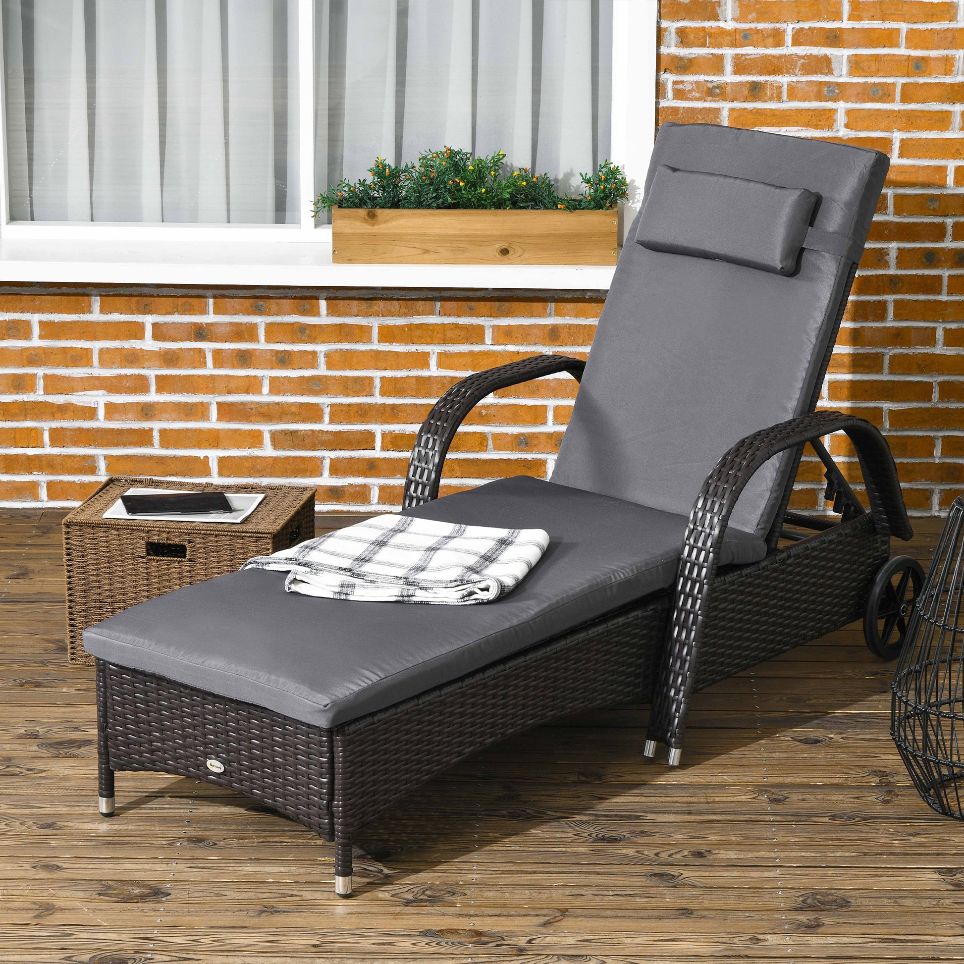 Outdoor Lounger, Deck Lounge Chair with Headrest, 5-Level Adjustable, Backrest, Wheels, Deep Coffee and Grey Chaise Loungers   at Gallery Canada