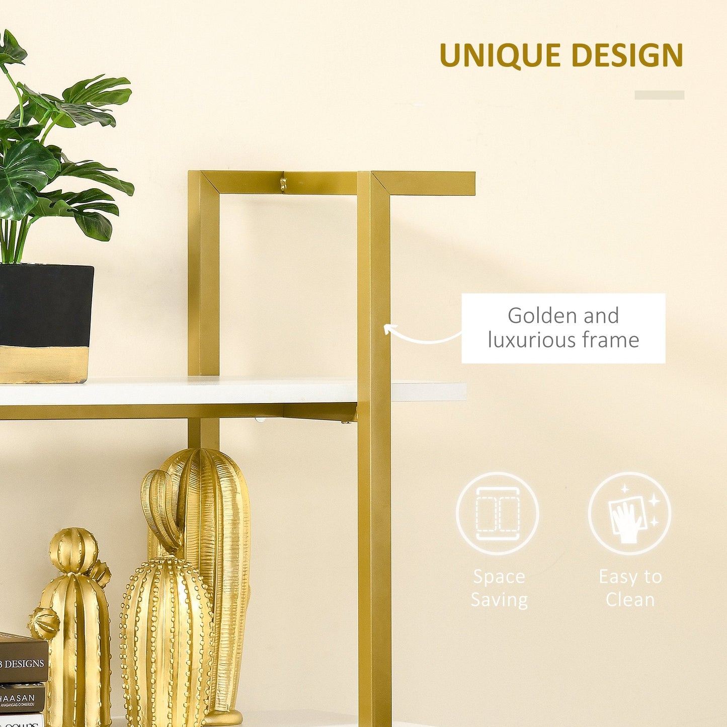 4-Tier Bookshelf, Bookcase Ladder Shelf with Stable Metal Frame, Tall Organizer Multifunctional Rack for Living Room, Bedroom, Kitchen, White and Gold Display Bookshelves   at Gallery Canada