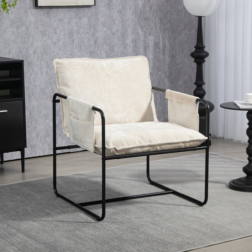 Modern Accent Chair, Upholstered Armchair with Side Pockets and Steel Frame, Comfy Reading Chair for Bedroom, Beige