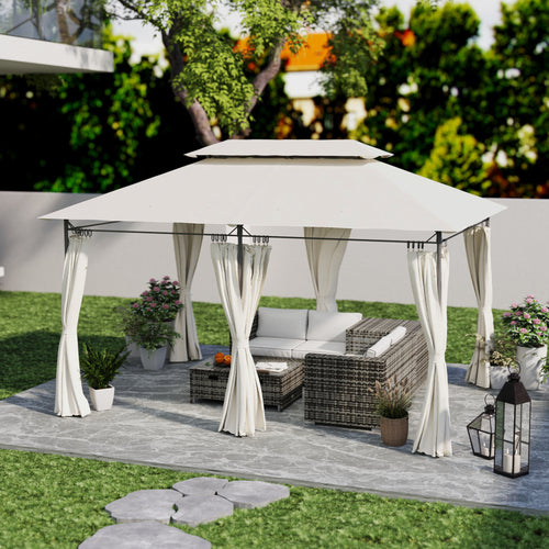 10' x 13' Double Roof Patio Gazebo, Outdoor Gazebo with Curtains, for Garden, Lawn, Backyard and Deck, Cream White