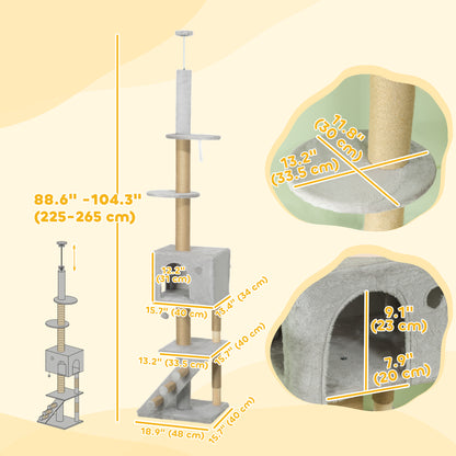 89"-104" Floor to Ceiling Cat Tree w/ Scratching Post, Cat House, 3-Steps, Hanging Ball, Perches, Light Grey Floor to Ceiling Cat Trees   at Gallery Canada