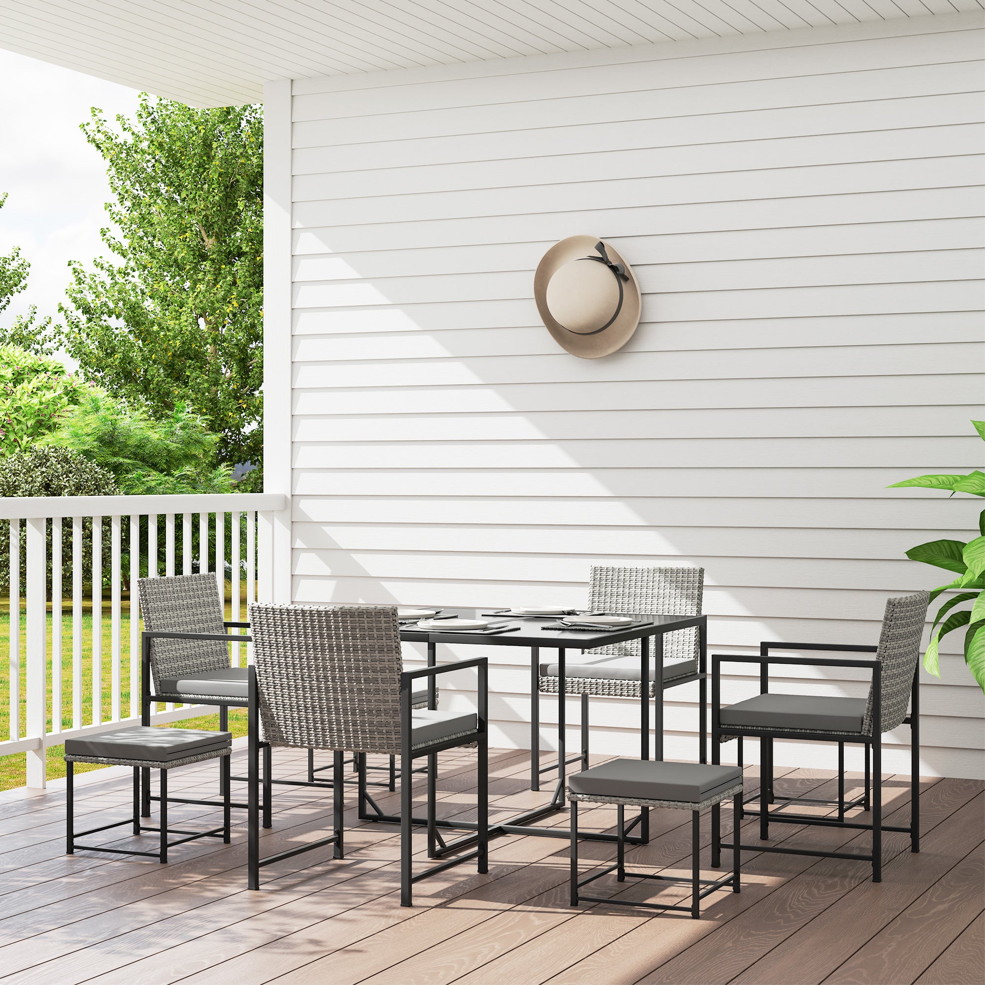 9 Pieces Wicker Patio Dining Set with 4 Armchairs, 4 Stools, Tempered Glass Top, Removable Cushions, Light Grey Outdoor Dining Sets at Gallery Canada