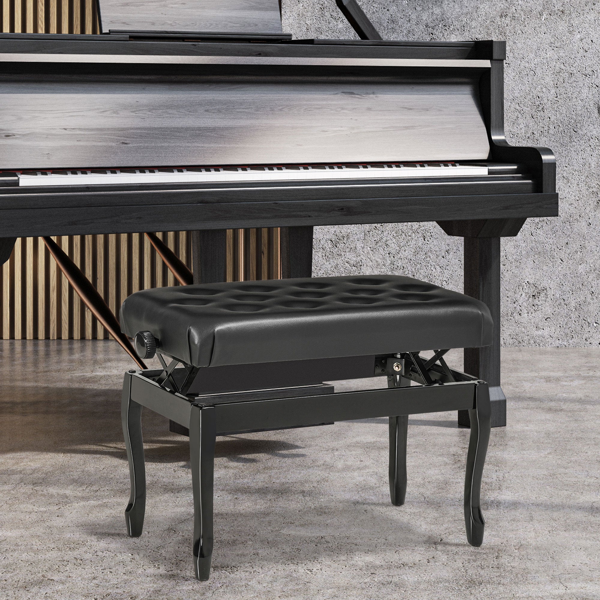 Adjustable Height Piano Bench Stool, PU Leather Button Tufted Padded Keyboard Seat with Rubber Wood Legs, Black Piano Benches at Gallery Canada