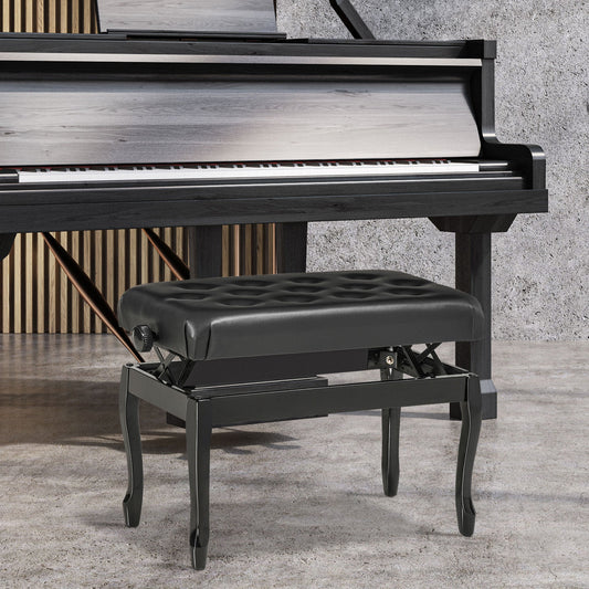 Adjustable Height Piano Bench Stool, PU Leather Button Tufted Padded Keyboard Seat with Rubber Wood Legs, Black Piano Benches Black  at Gallery Canada