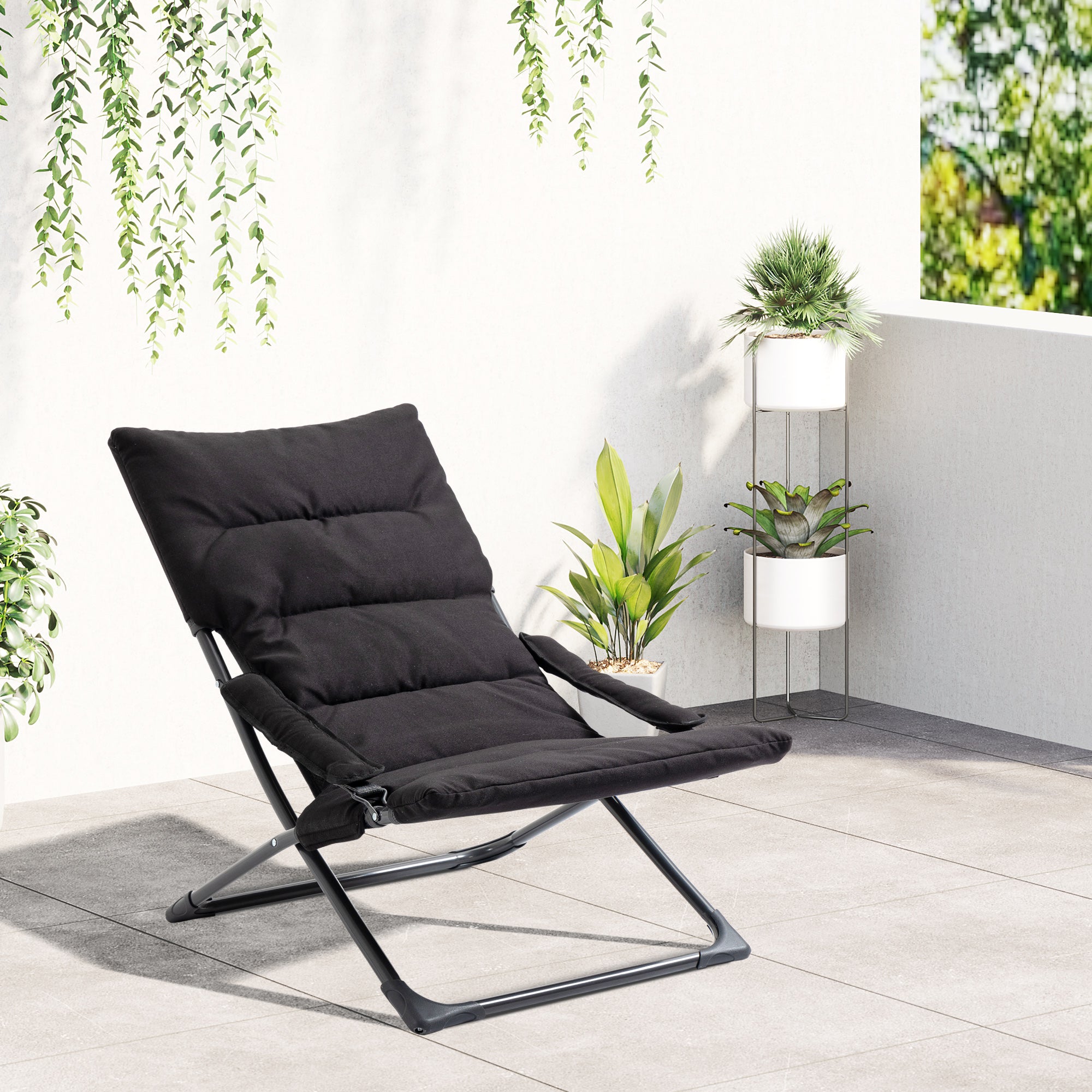 Folding Lounge Chair, Mesh Fabric Lounger with Thick Padded Cushion and Armrest, Camping Beach Chair for Poolside, Deck, Backyard, Black Patio Chairs at Gallery Canada