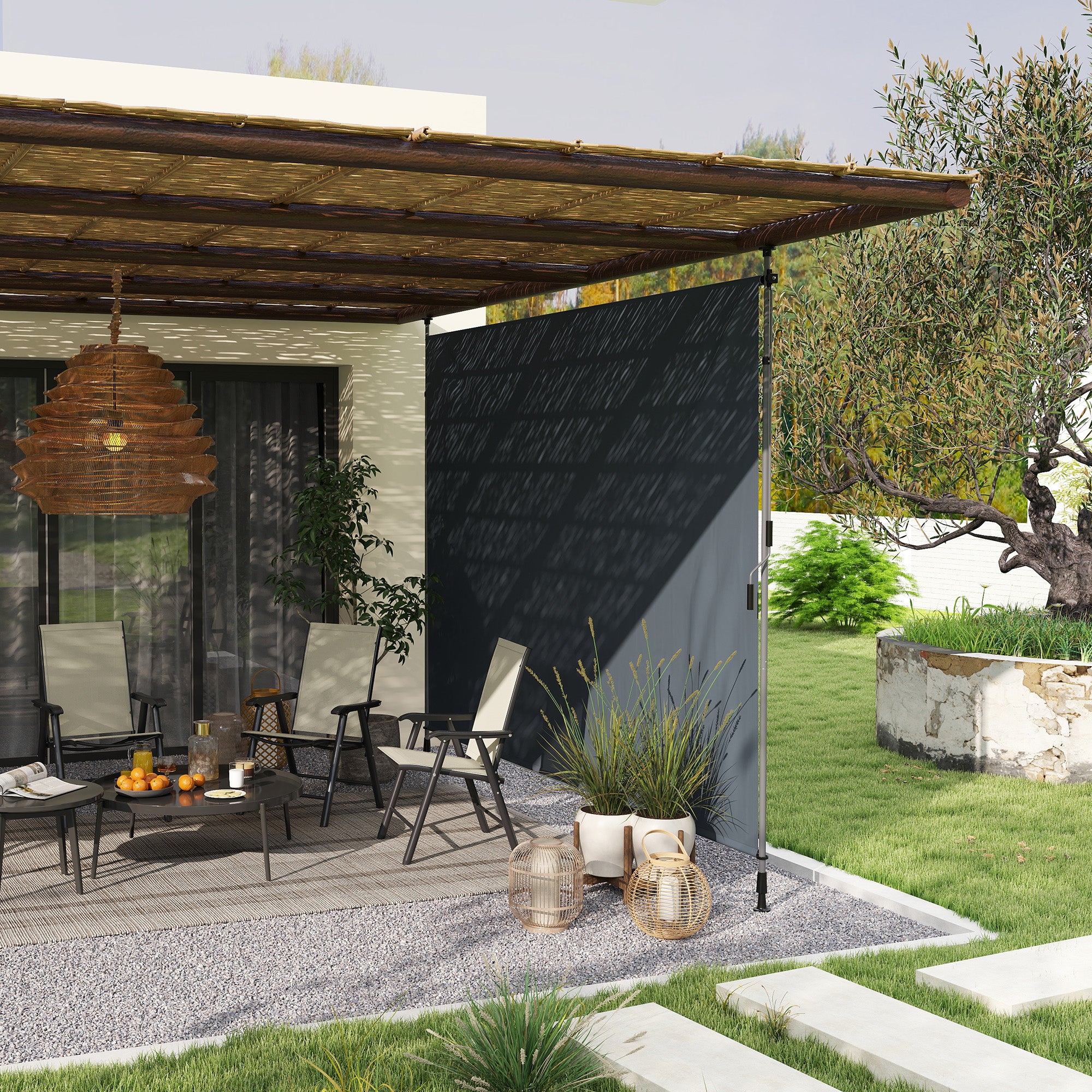 11.5' x 10' Manual Retractable Patio Awning, Outdoor Privacy Screen with UPF30+ &; Water-Resistant Fabric, Dark Grey Patio Awnings Dark Grey at Gallery Canada