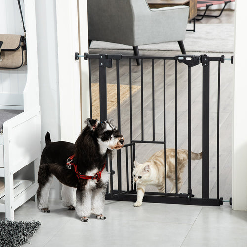 Retractable Gate Extra Wide Press-Mounted with Cat Door, Auto Closing Pet Gate for Stair, Hallway, 29-32 Inch