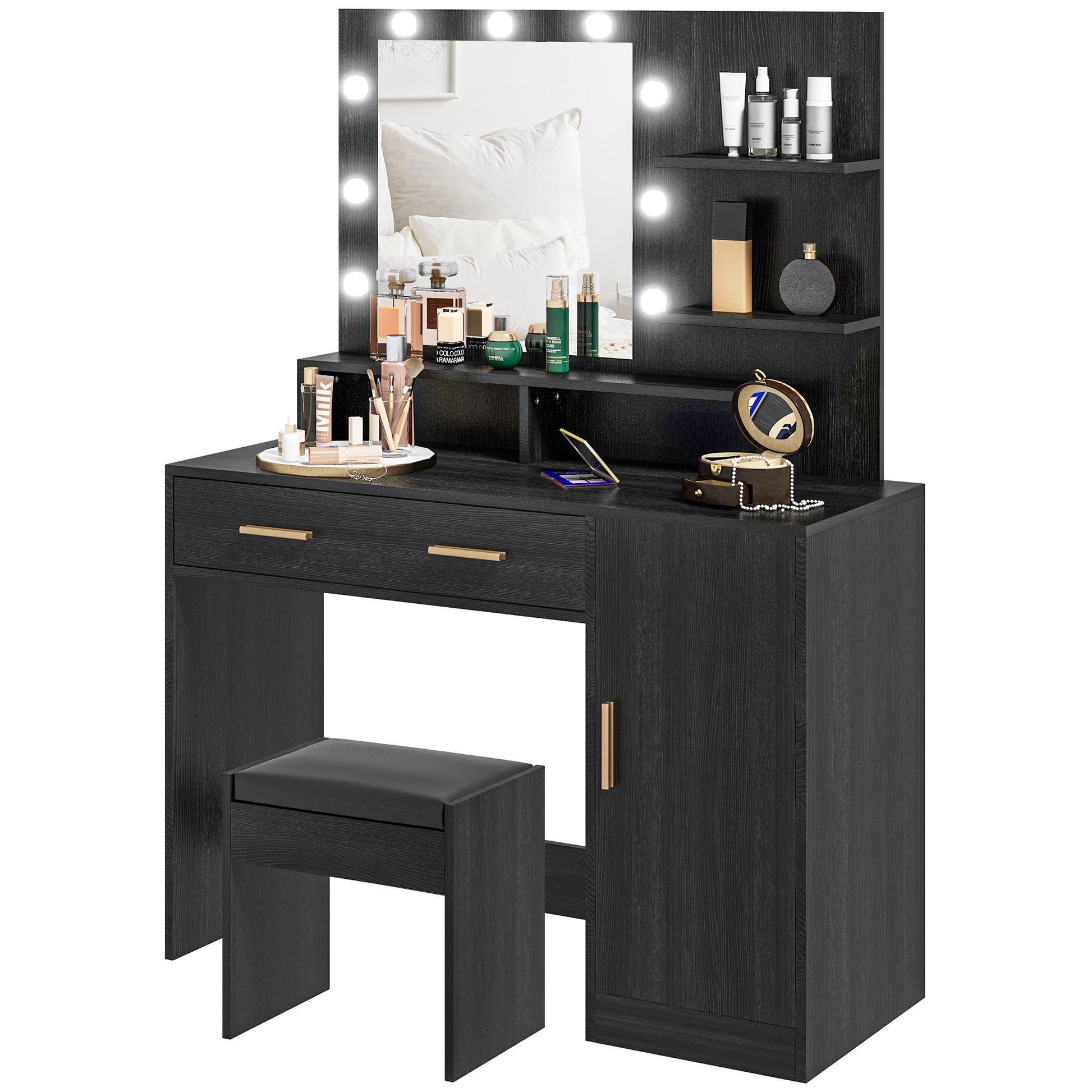 Illuminated Dressing Table Set, LED Vanity Table Set with Stool, LED Mirror, Drawer and Cabinet Shelves for Bedroom Dressing & Vanity Tables   at Gallery Canada