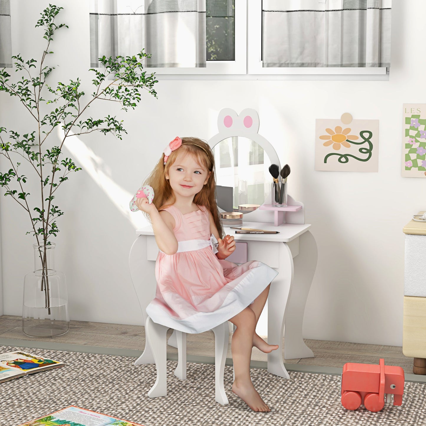 Kids Makeup Vanity Set with Stool, Mirror, Drawer, Storage Boxes, Rabbit Design, White Toy Vanity   at Gallery Canada