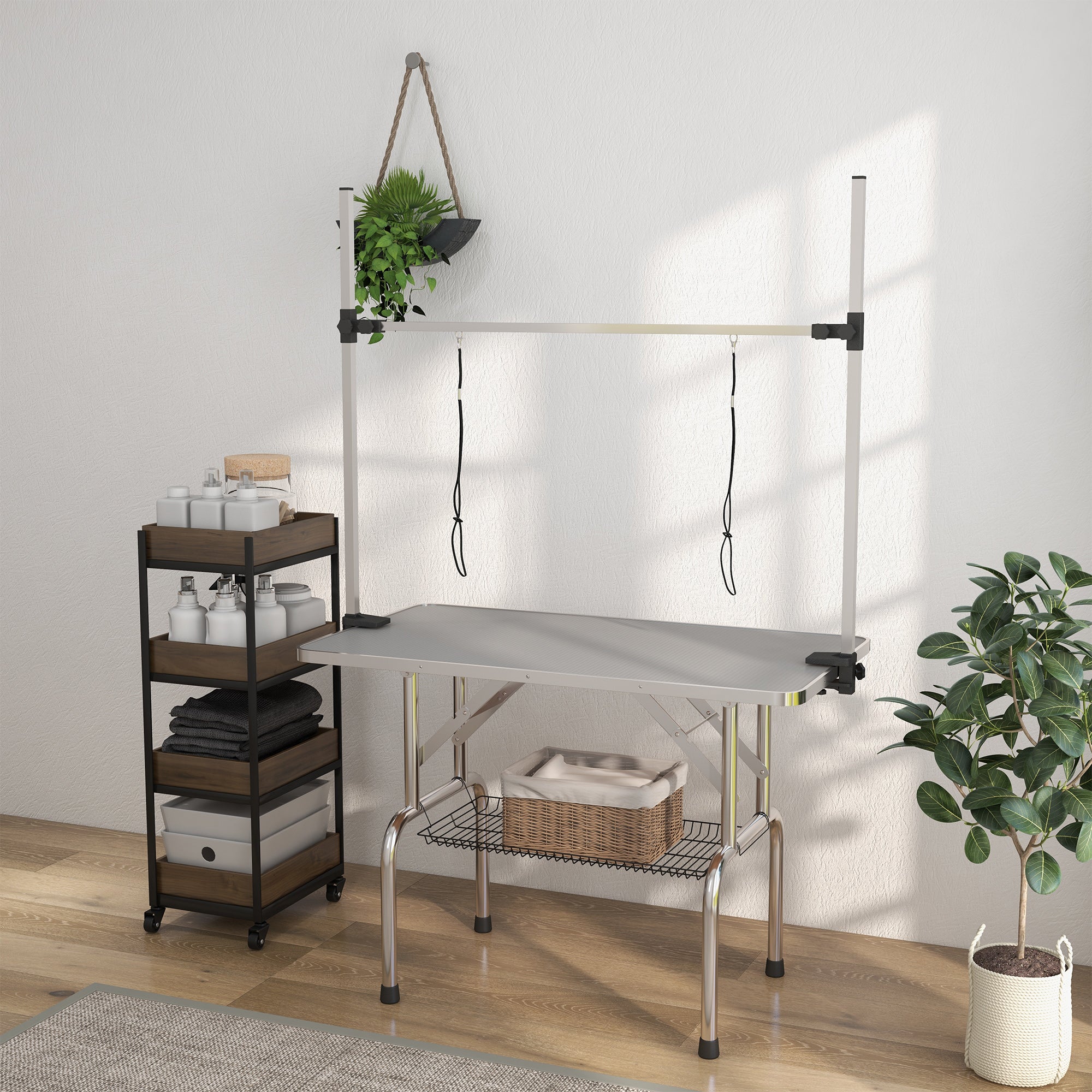 Adjustable Dog Grooming Table with 2 Safety Slings, Storage Basket, Grey Dog Grooming Tables at Gallery Canada