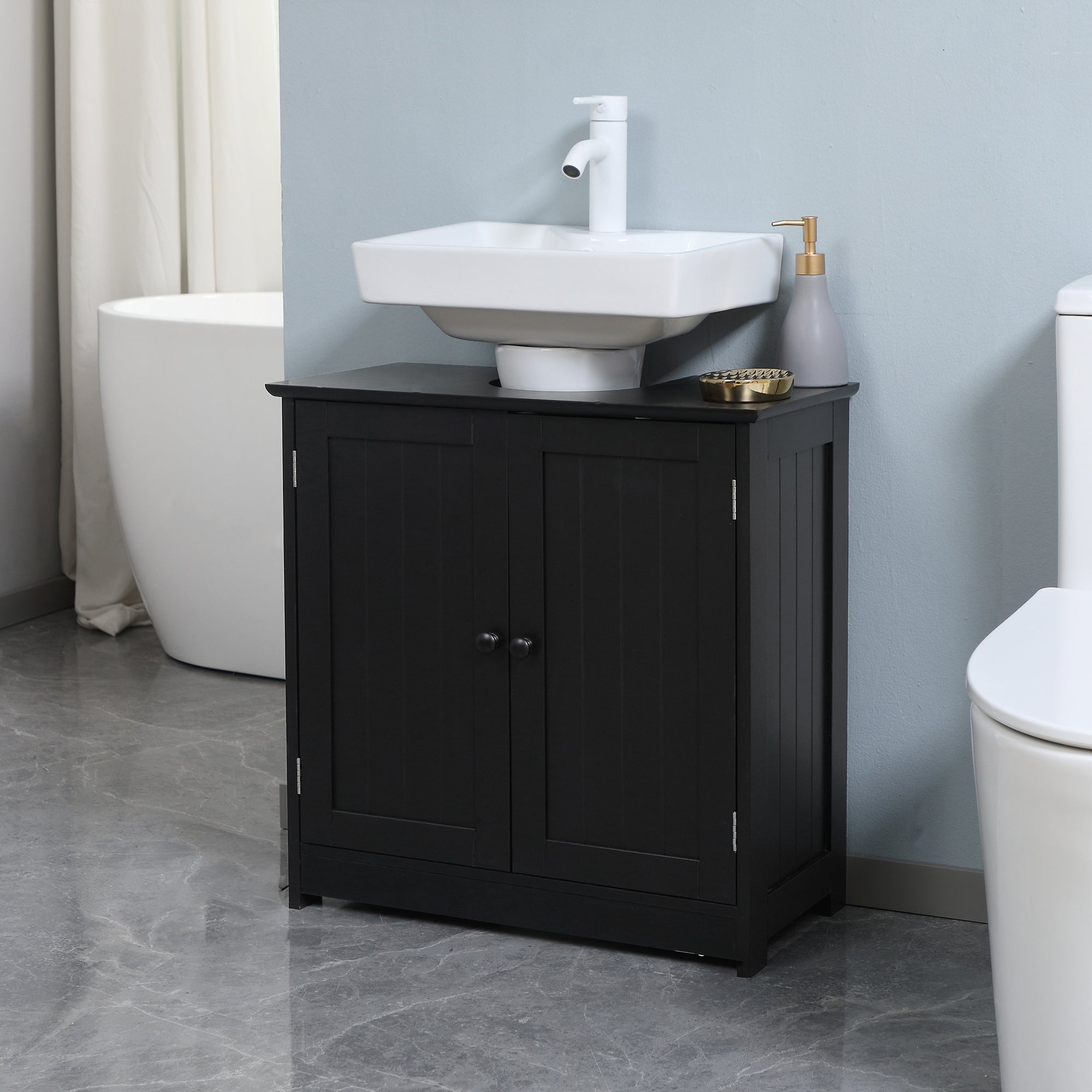 Under Sink Bathroom Cabinet with 2 Doors and Shelf, Pedestal Sink Bathroom Vanity Furniture, Black Bathroom Cabinets   at Gallery Canada