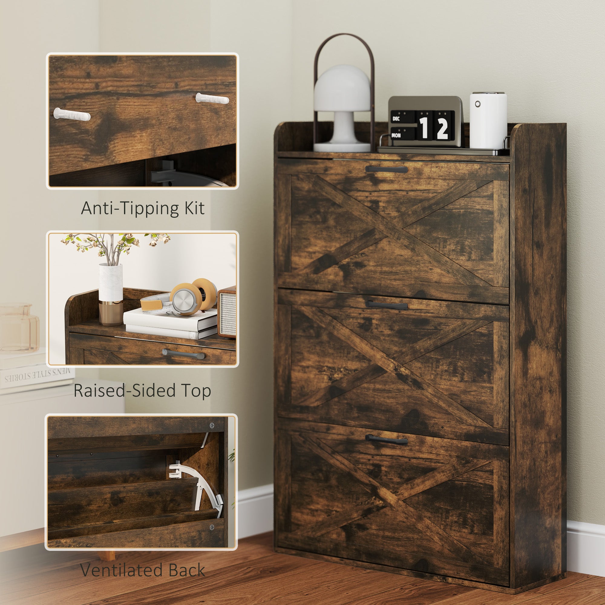 Narrow Shoe Storage Cabinet Farmhouse Shoe Cabinet with 3 Flip Drawers Adjustable Shelves for Entryway Rustic Brown Shoe Storage Cabinets & Racks at Gallery Canada