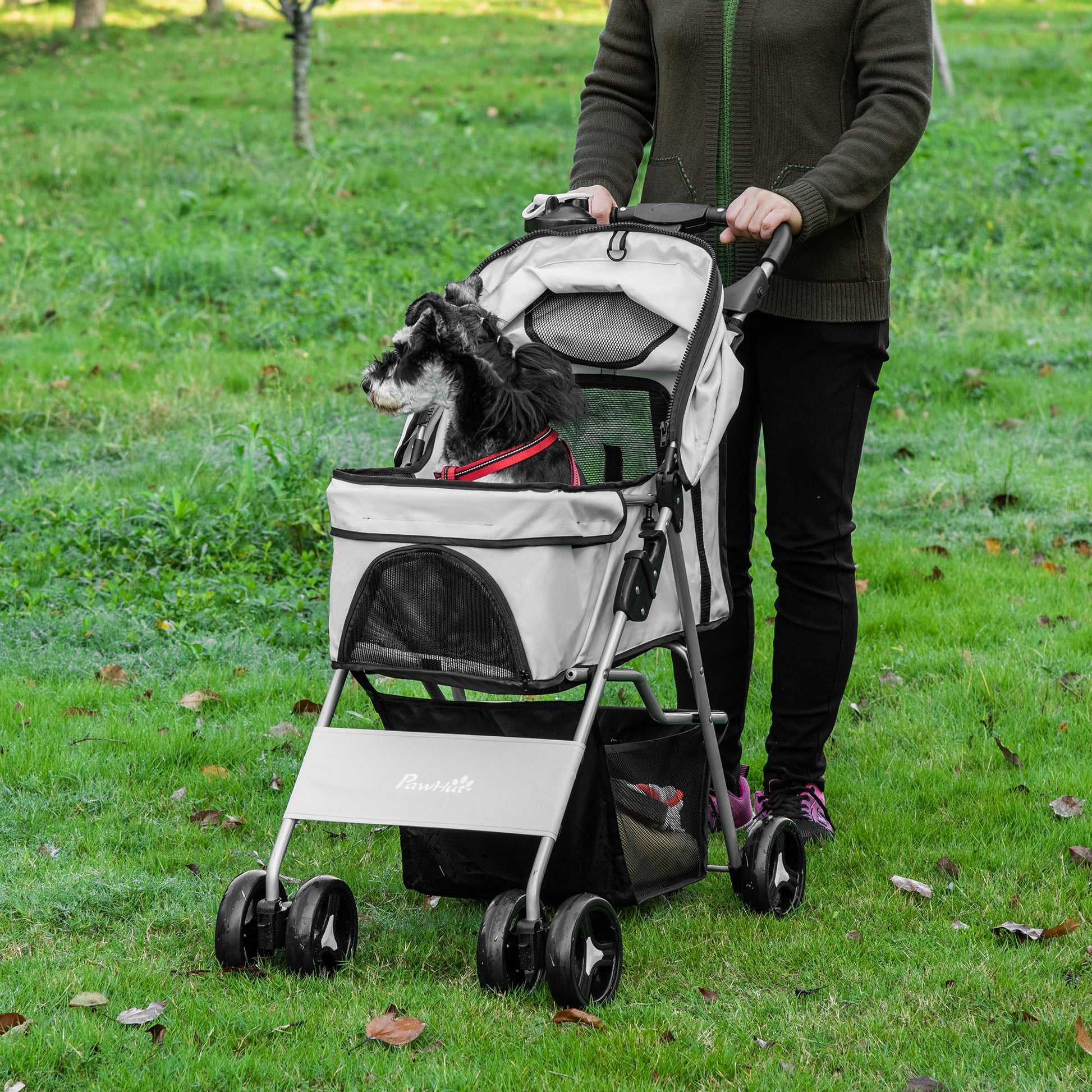 Foldable Pet Stroller Carrier with 4 Wheels, Cup Holder, Storage Basket, Grey Dog Bike Trailers & Strollers   at Gallery Canada