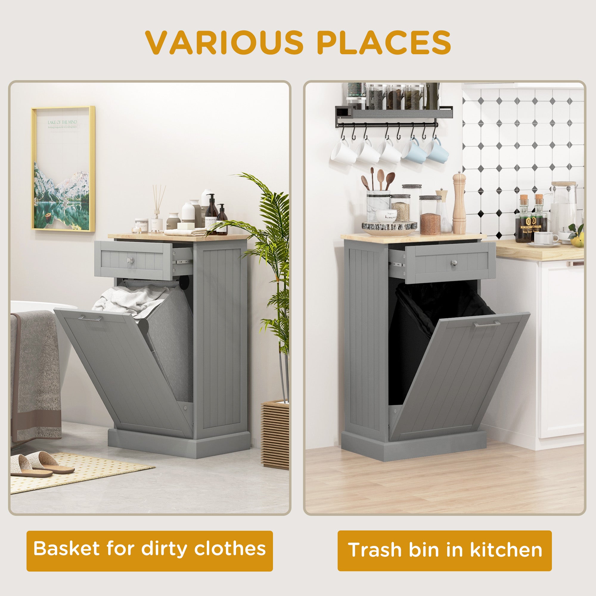 Kitchen Tilt Out Trash Bin Cabinet, Free Standing Recycling Cabinet, Trash Can Holder with Drawer, Grey Storage Cabinets at Gallery Canada