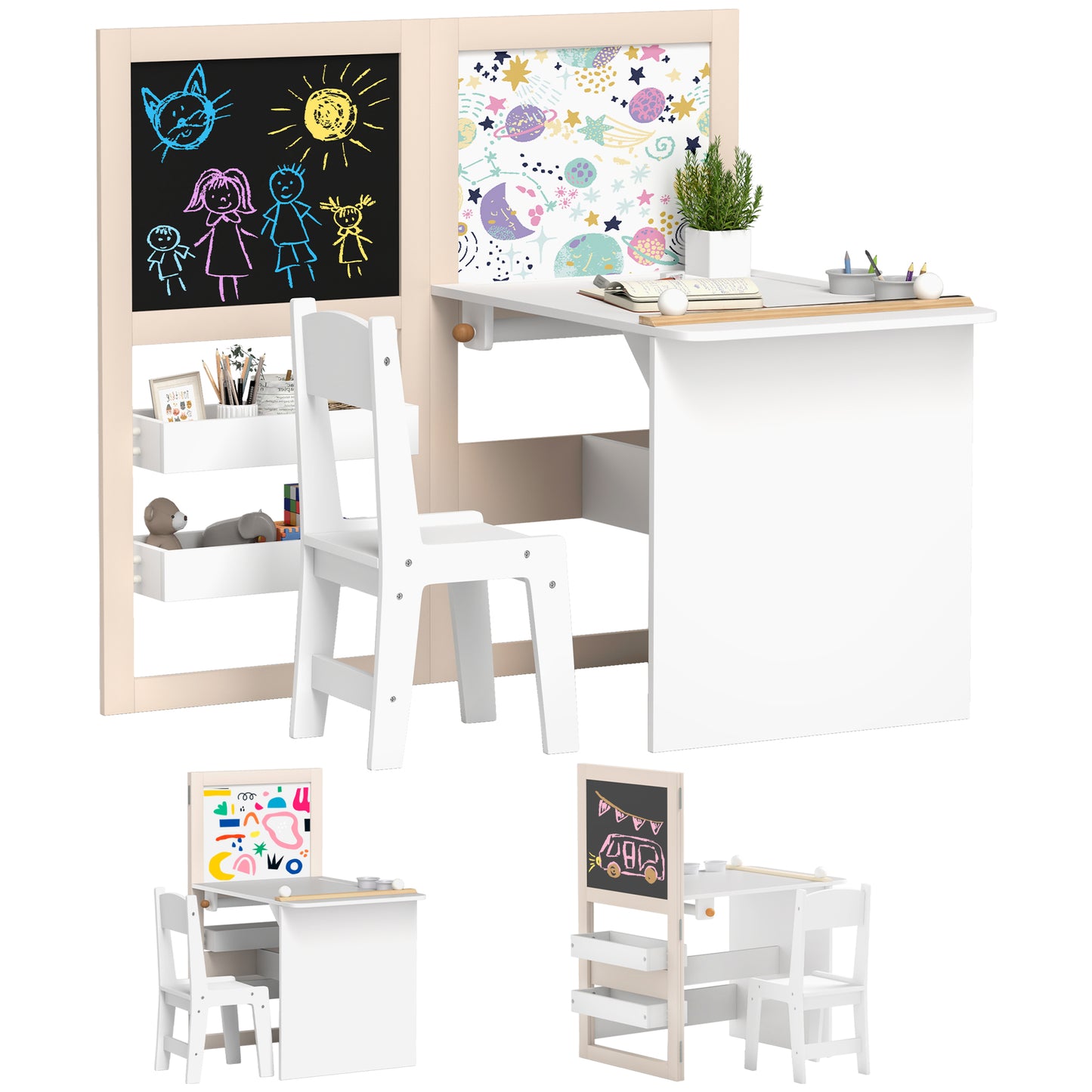 3 in 1 Kids Table and Chair Set with Foldable Easel, Storage Shelves, Roll Paper, White Kids Table Sets   at Gallery Canada