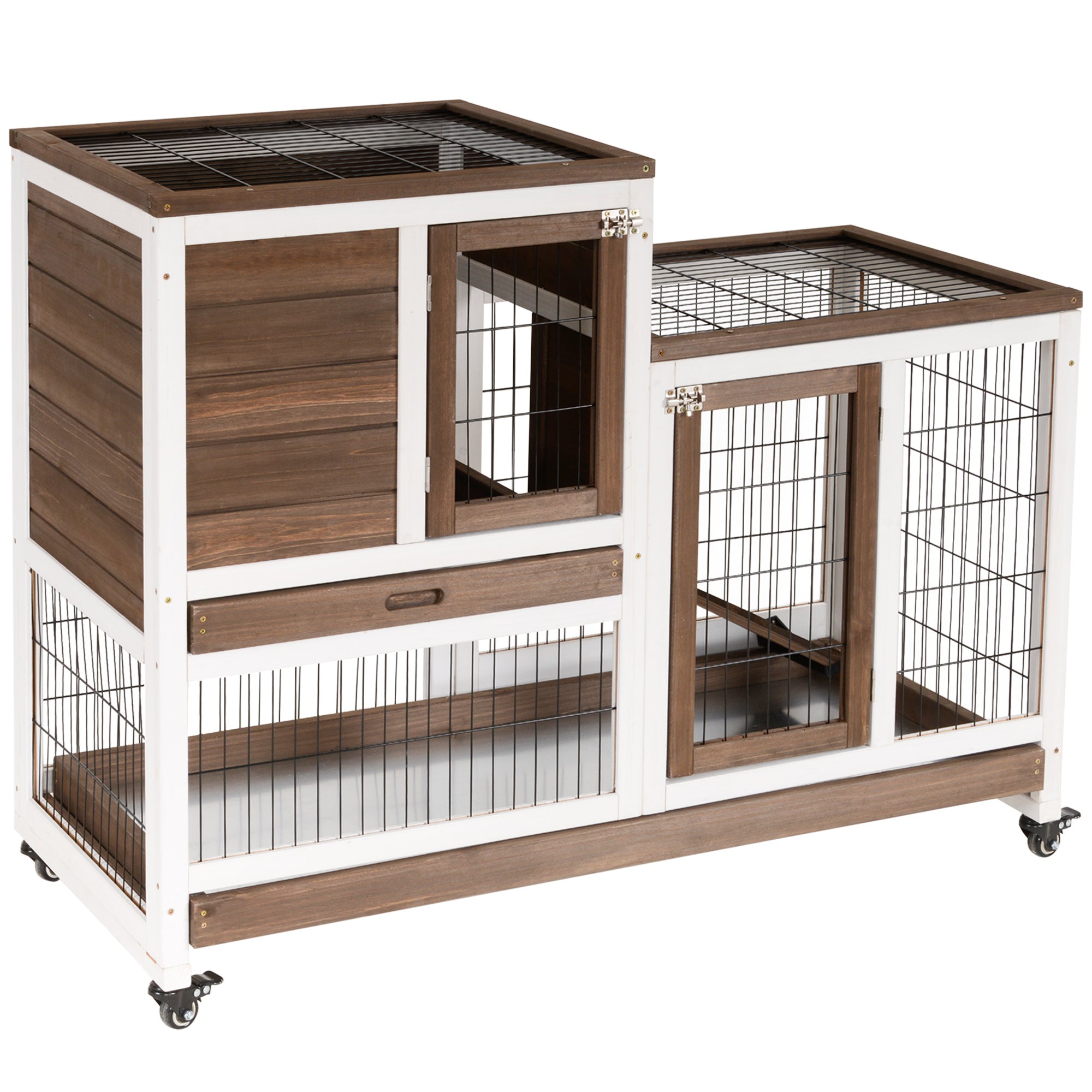 Rabbit Hutch Indoor Bunny Cage Guinea Pig House on Wheels with Run, Pull Out Trays, Brown and White Rabbit Hutch Brown and White  at Gallery Canada