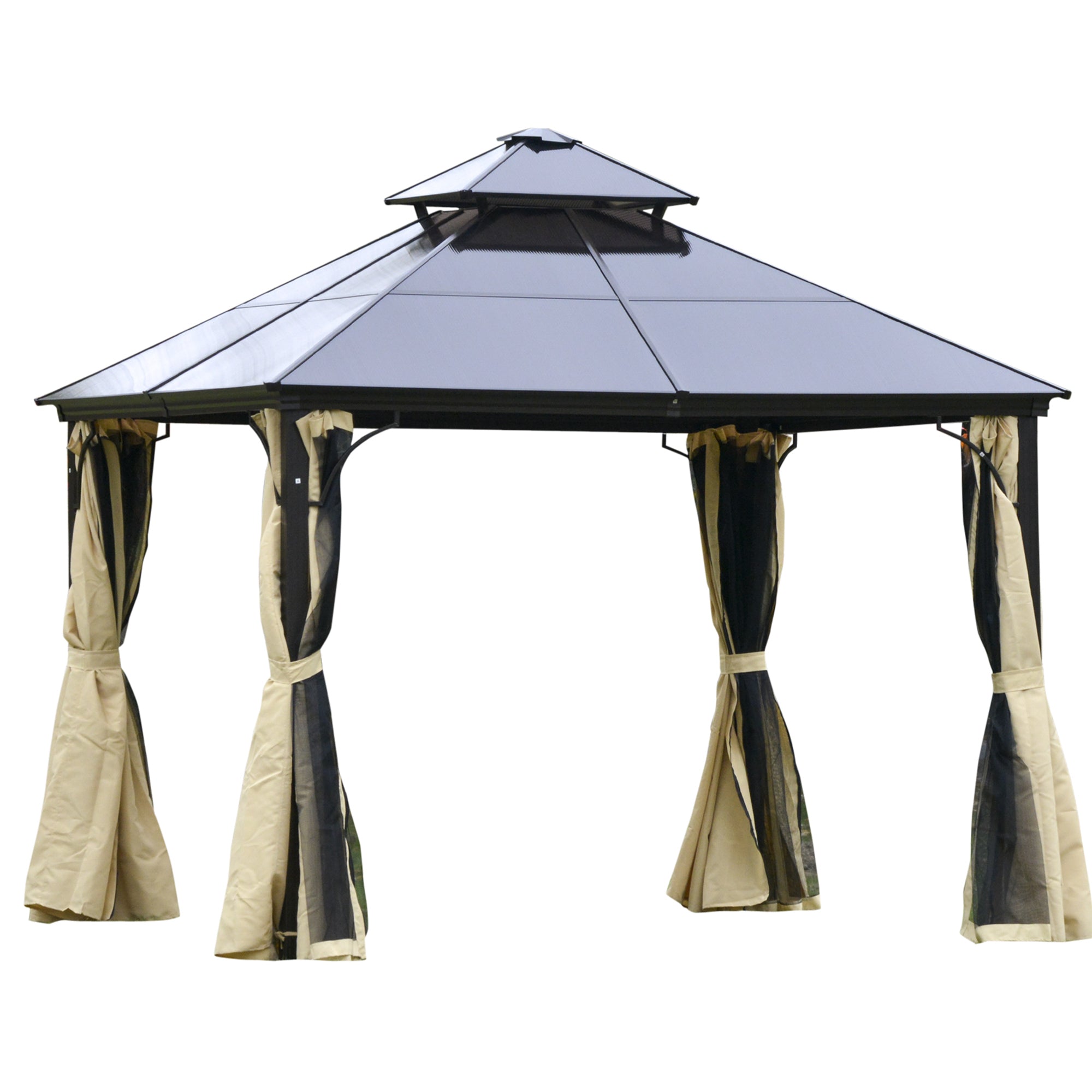 10' x 10' 2-Tier Outdoor Gazebo Canopy with Polycarbonate Roof, Curtains and Netting, for Garden, Deck, Beige Gazebos at Gallery Canada
