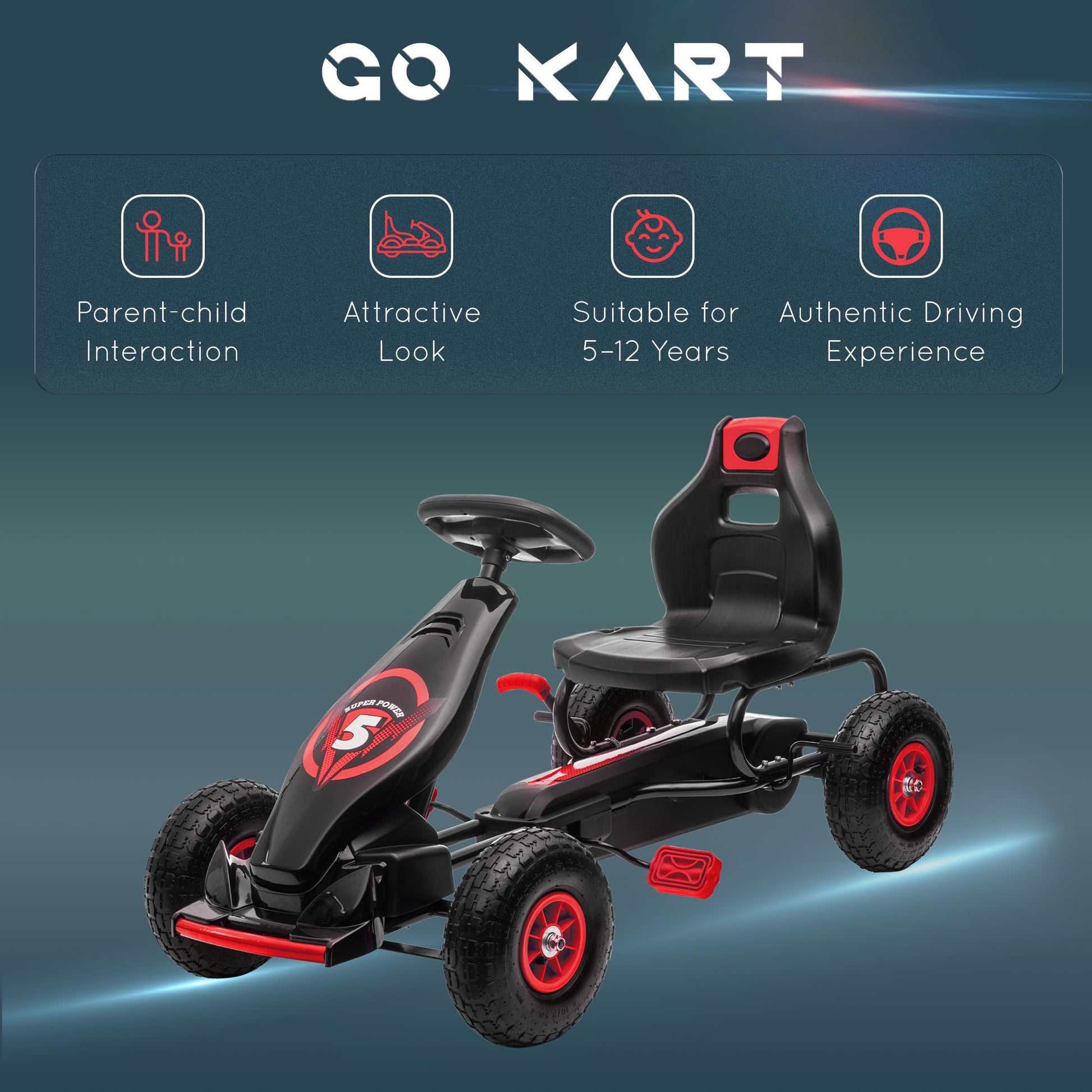 Ergonomic Kids Pedal Go Kart with Adjustable Seat, Rubber Wheels, Hand Brake, Ages 5-12, Red Pedal Go Karts for Kids   at Gallery Canada