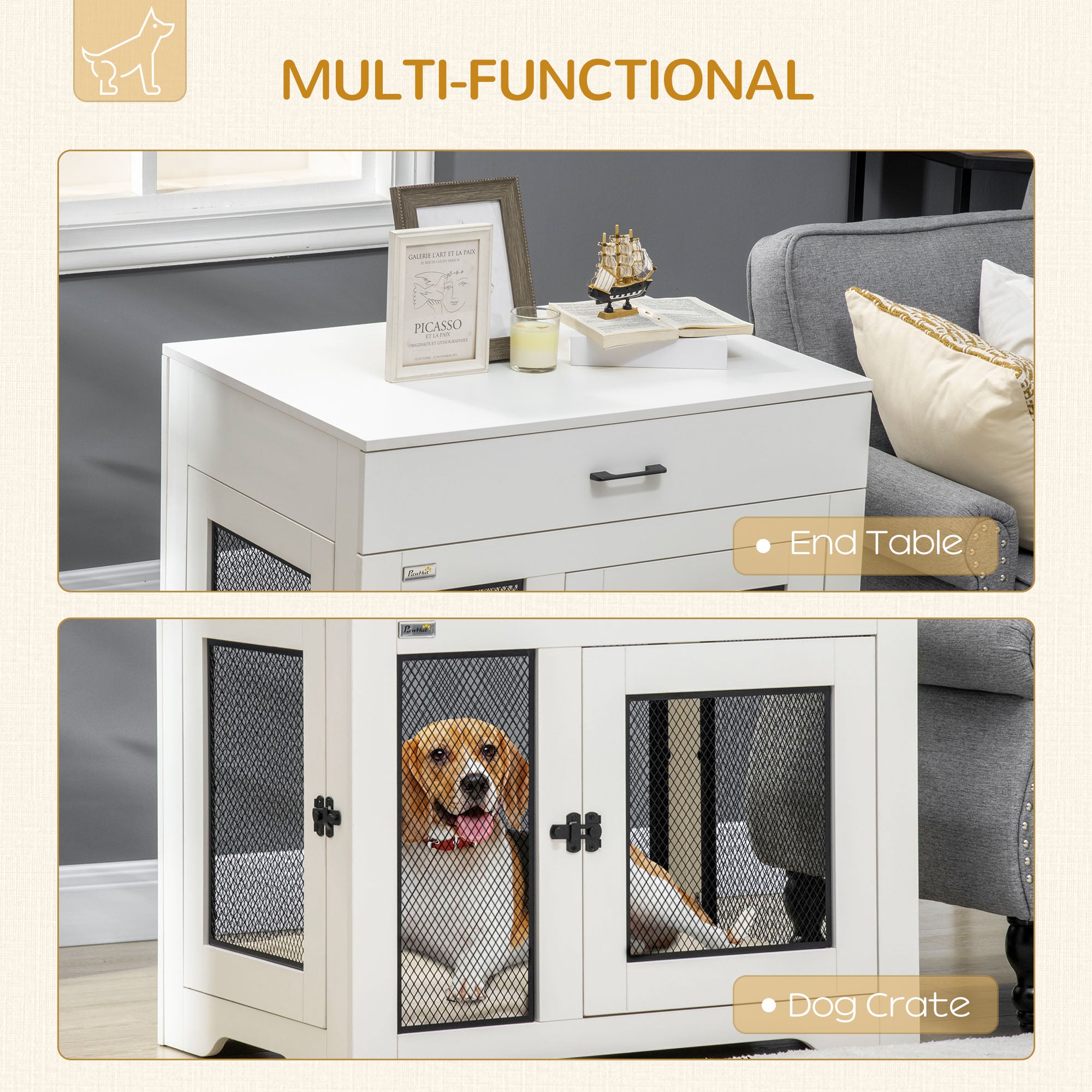Dog Crate Furniture with Cushion, 2 Doors, Storage, Dog Kennel End Table for Small Medium Dogs, White Houses, Kennels & Pens at Gallery Canada