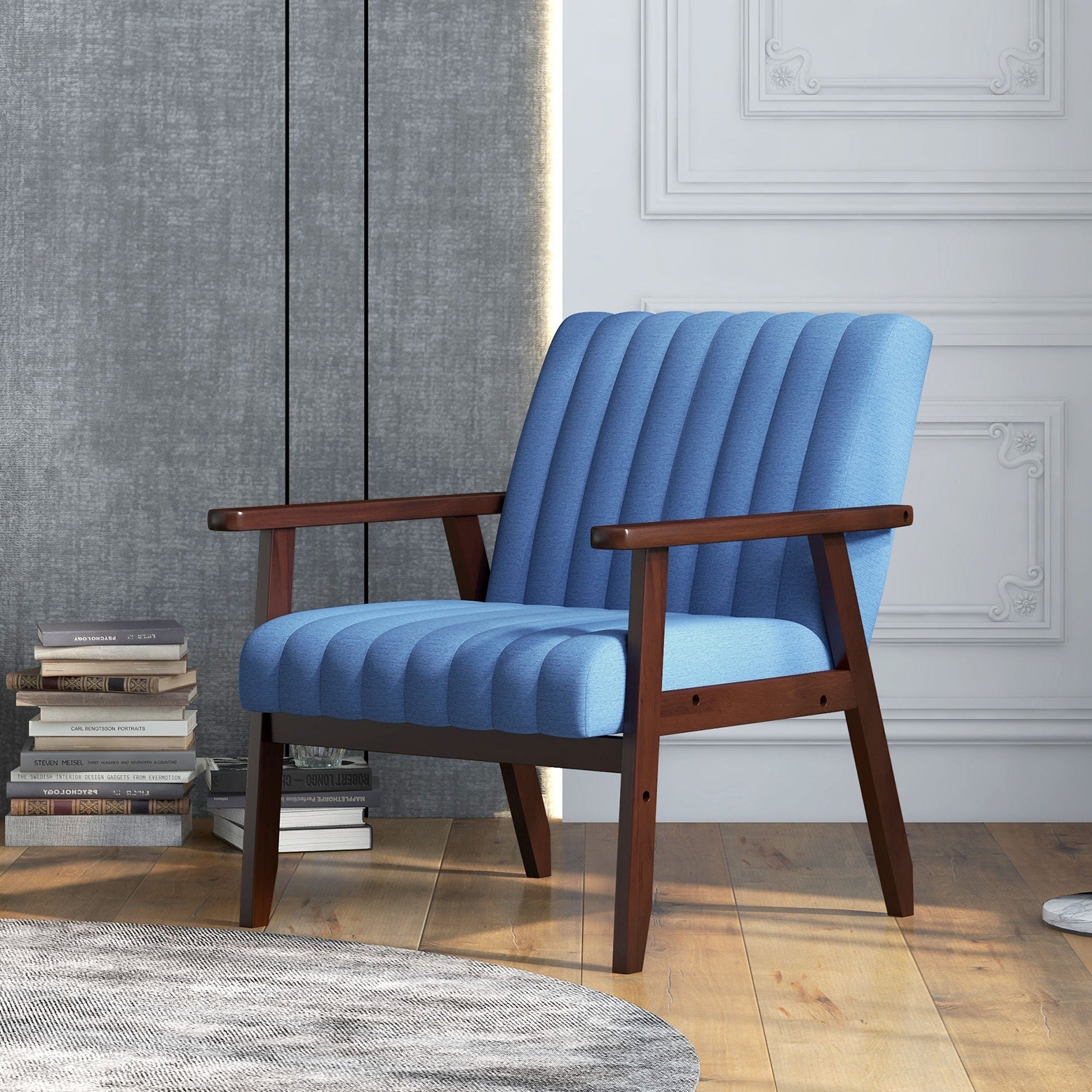 Upholstered Armchair, Modern Accent Chair with Wood Legs and Tufting Design for Living Room, Bedroom, Dark Blue Accent Chairs   at Gallery Canada