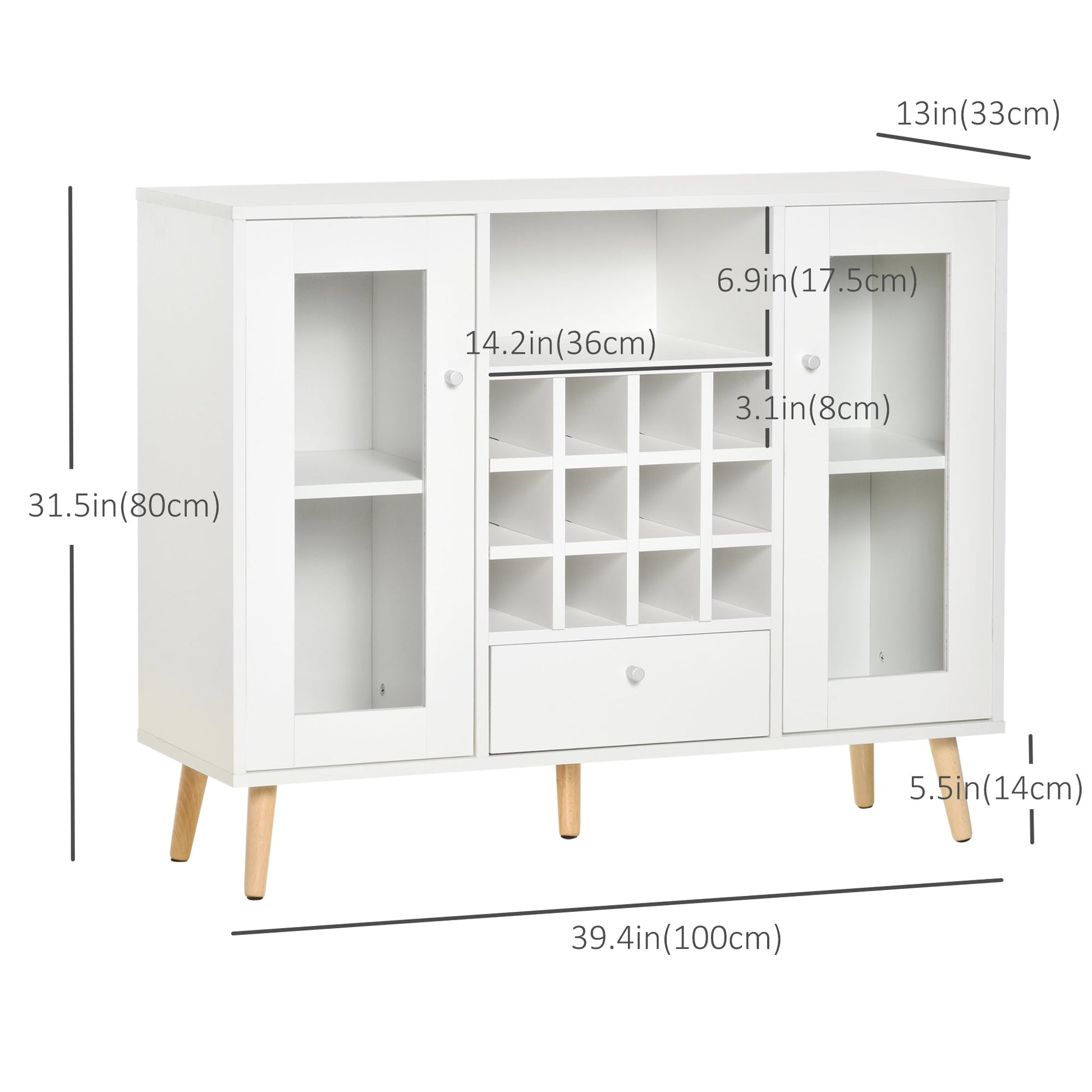 Sideboard Storage Cabinet, Kitchen Cupboard with Glass Doors, Drawer, 12-Bottle Wine Rack for Living Room, White Bar Cabinets   at Gallery Canada