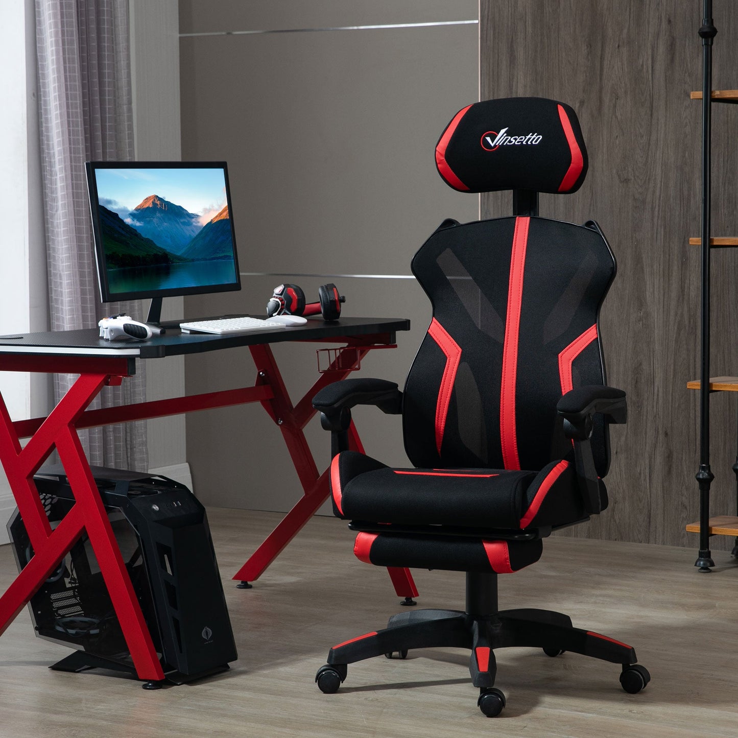 Racing Gaming Chair, Mesh Office Chair, High Back Computer Chair with Footrest, Lumbar Back Support, Swivel Wheels, Adjustable Height, Black Red Video Game Chairs   at Gallery Canada