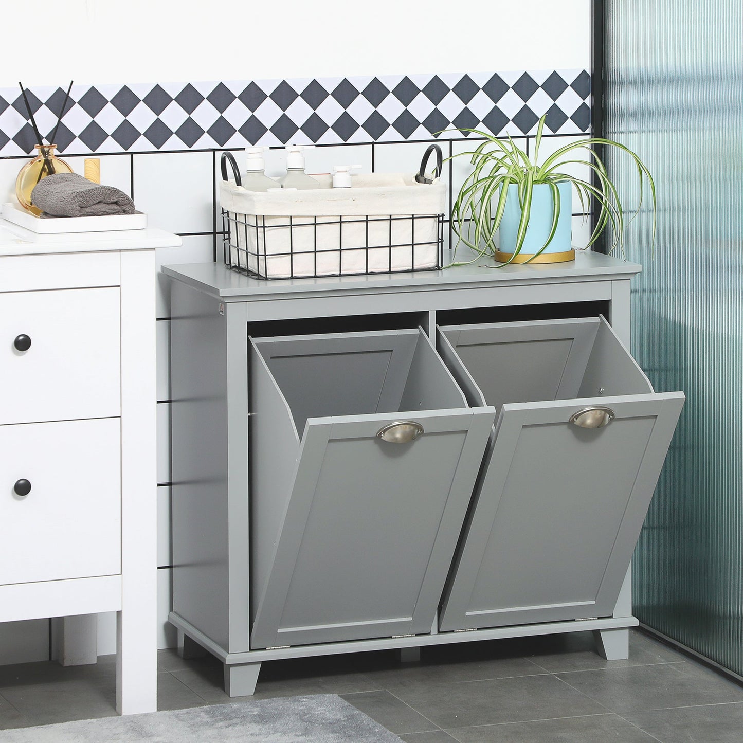 Tilt-Out Laundry Storage Cabinet, Bathroom Storage Organizer with Two-Compartment Tilt Out Hamper, Grey Bathroom Cabinets   at Gallery Canada