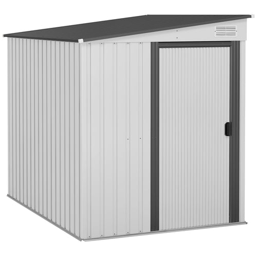 5'x7' Lean to Galvanized Metal Shed with Foundation, Garden Tool Storage House with Sliding Door and 2 Vents, White
