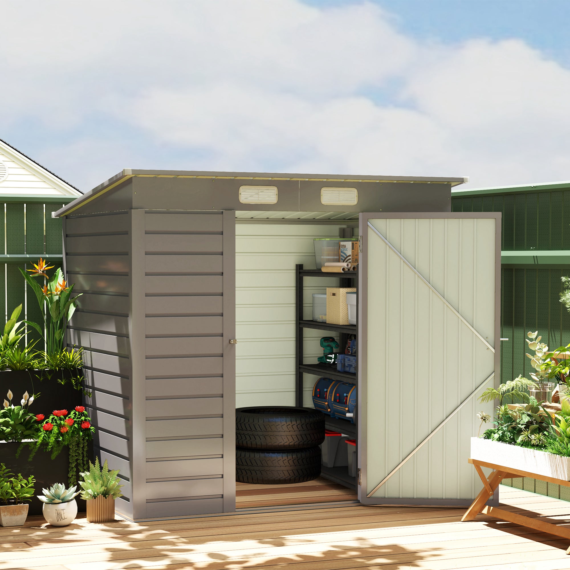 6 x 4FT Galvanized Garden Storage Shed, Metal Outdoor Shed with Double Doors and 2 Vents, Light Grey Sheds at Gallery Canada