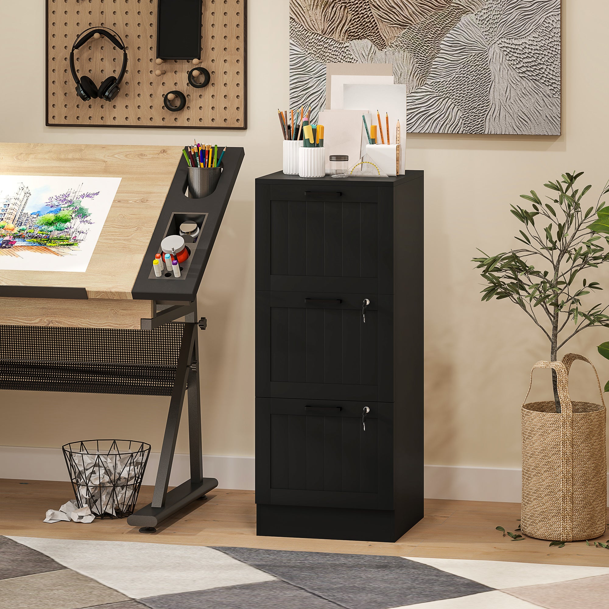 3 Drawer Filing Cabinet with Lock, Office Storage Cabinet with Adjustable Hanging Bars for A4 Letter Size Files, Black Office Cabinets & Cupboards at Gallery Canada