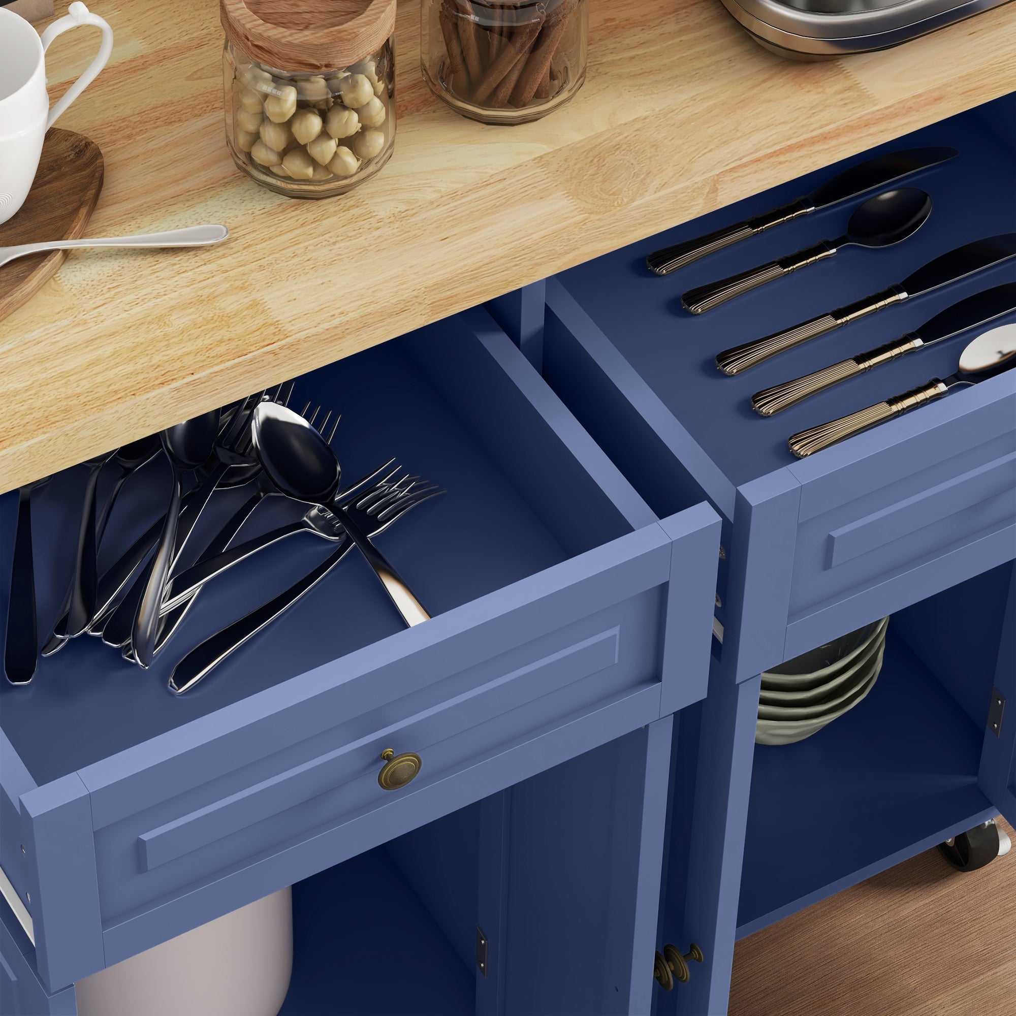 Kitchen Island with Storage, Rolling Trolley Cart with Rubber Wood Top, Spice Rack, Towel Rack, Navy Blue Kitchen Islands & Kitchen Carts   at Gallery Canada