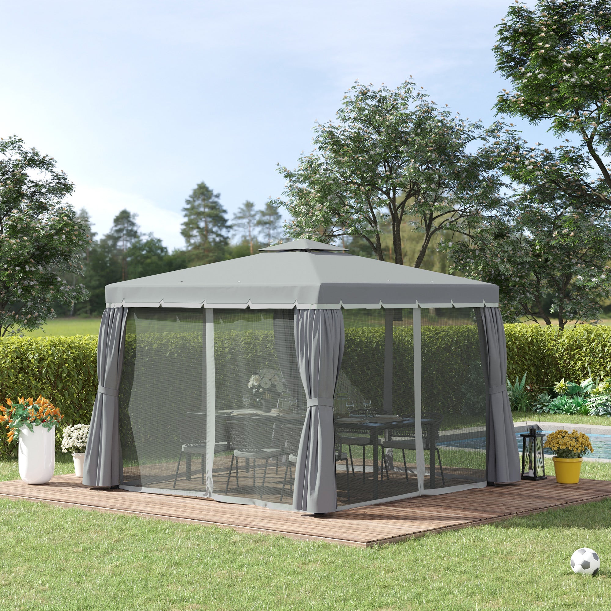 10' x 10' 2-Tier Outdoor Gazebo Canopy Tent with Zippered Mesh Sidewalls, Aluminum Frame for Patio, Backyard, Dark Grey Gazebos at Gallery Canada