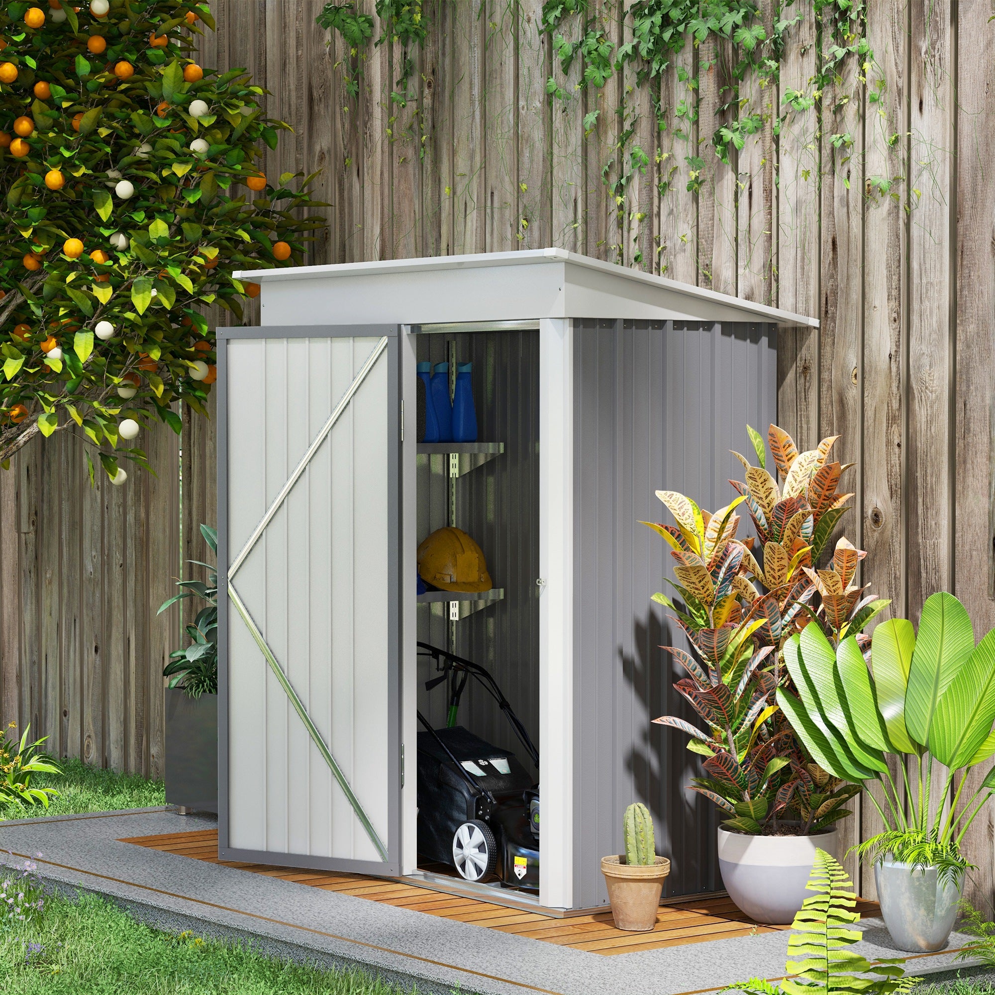 Outdoor Storage Shed, Steel Lean-to Shed with Adjustable Shelf, Lock, Gloves, 5'x3'x6', Grey Sheds Grey  at Gallery Canada