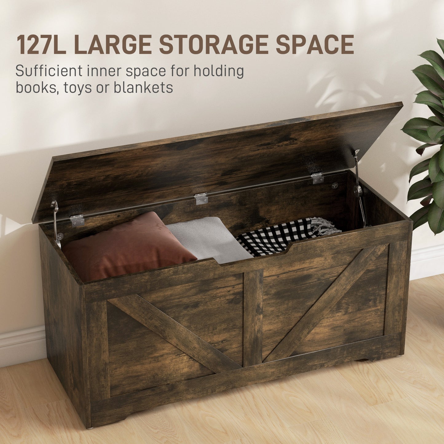 39.4 Inches Storage Chest, Storage Trunk with 2 Safety Hinges, Wooden Toy Box for Living Room, Brown Wood Grain Storage Cabinets   at Gallery Canada